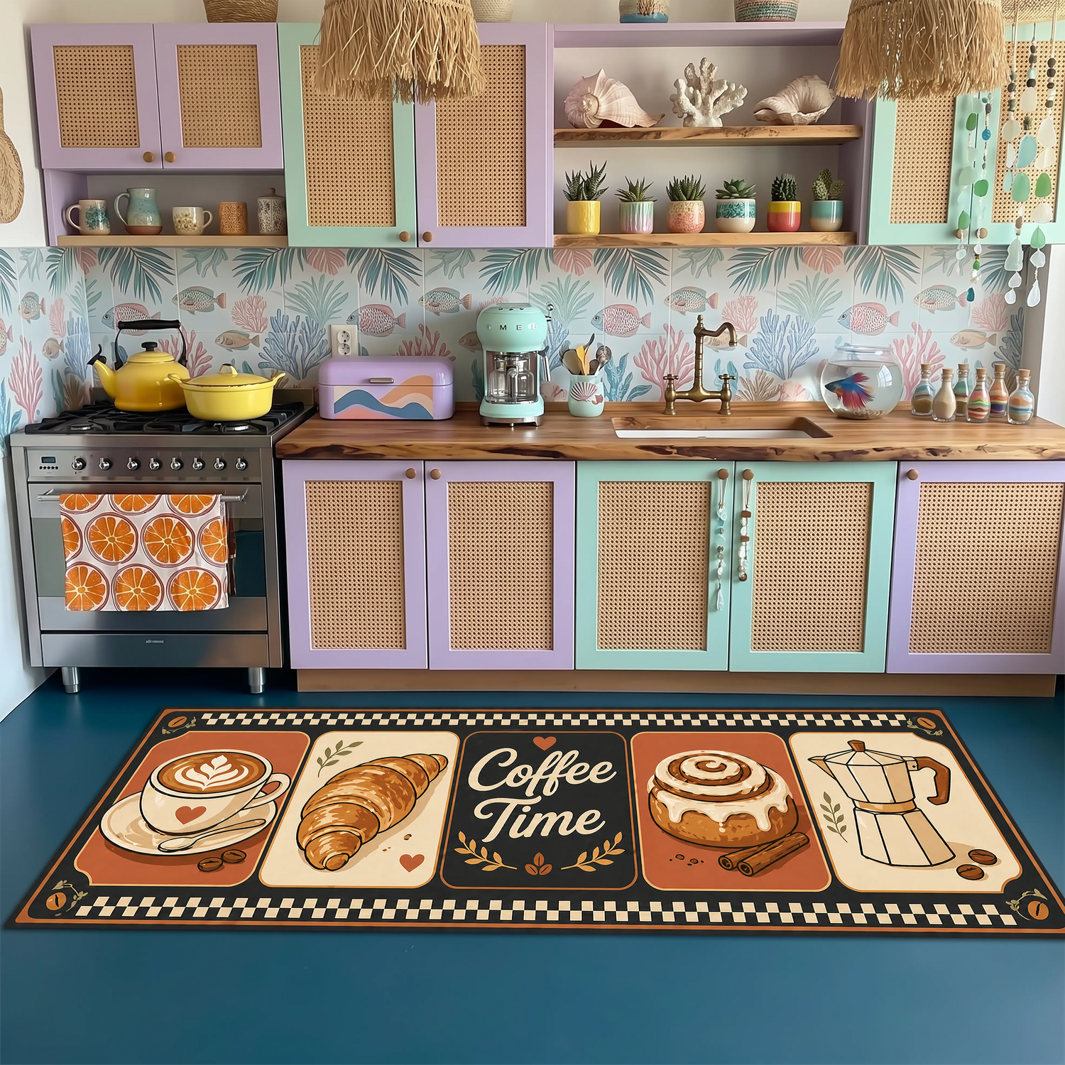 Coffee Time Mutfak Halısı – Kahve Kruvasan Tarifçi Desenli Halı