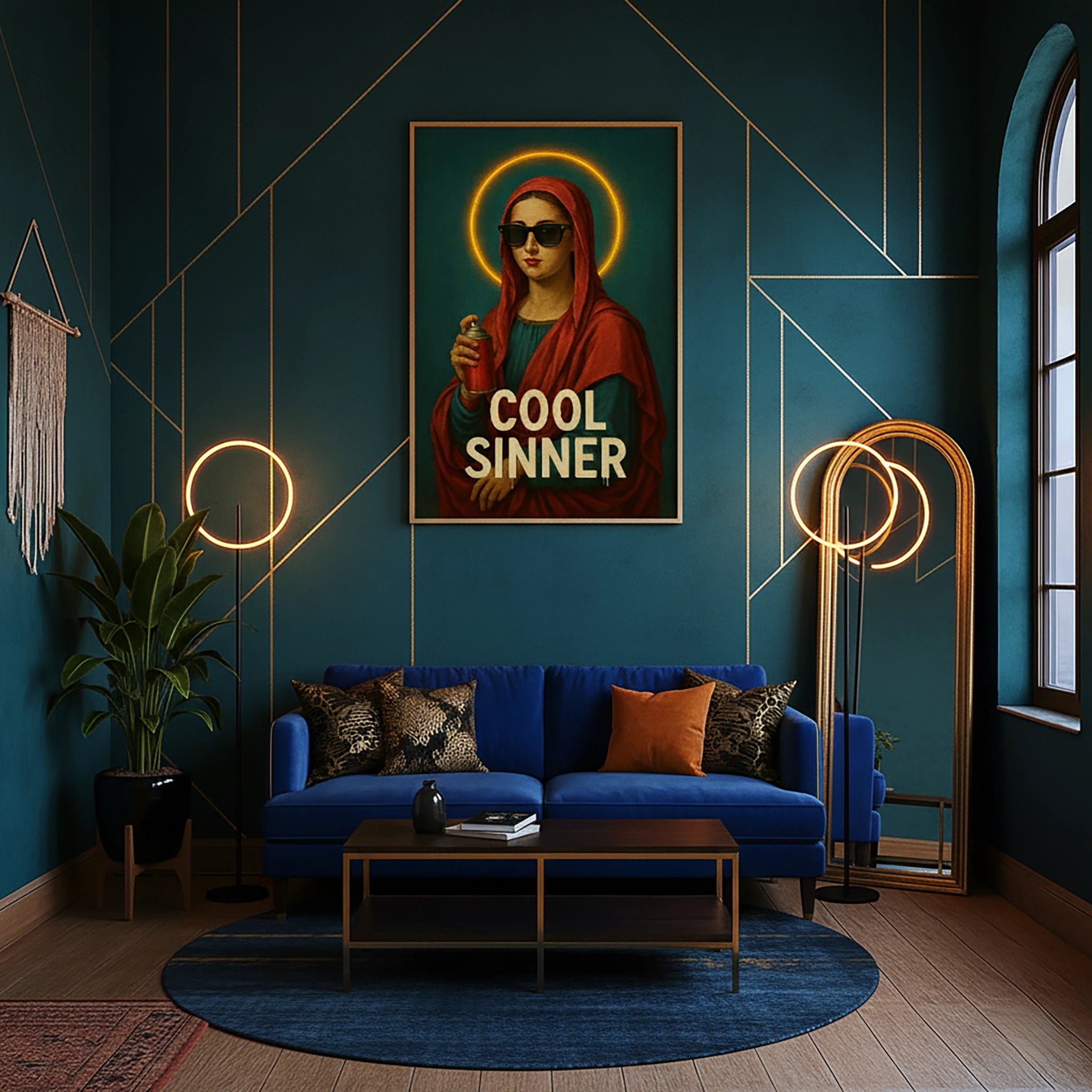 Çerçevesiz kanvas tablo, halo ışıklı klasik figür ve güneş gözlüğü detayıyla tasarlanmış modern pop art duvar dekoru sunar. Yüksek çözünürlüklü baskı kalitesine sahip FabricUp dijital baskı, estetik, premium ve trend dekorasyon için dikkat çekici bir sanat eseri alternatifi oluşturur.