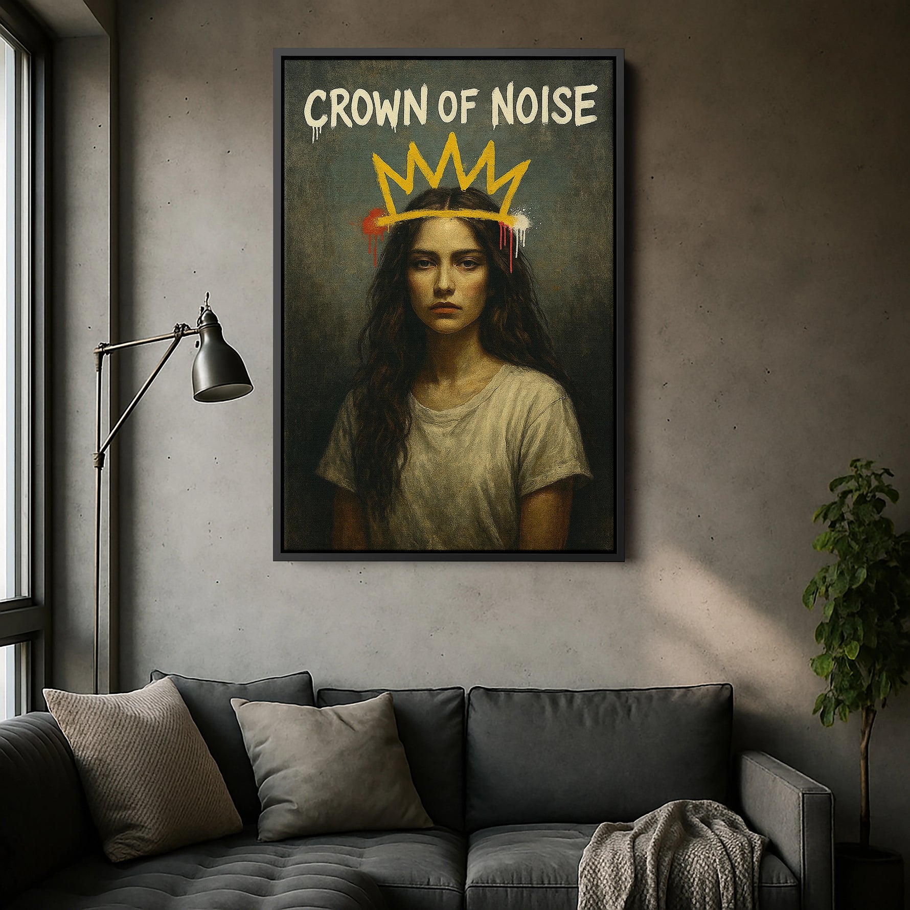 Siyah çerçeveli kanvas tablo, koyu dokulu arka plan ve CROWN OF NOISE tipografisiyle güçlü kontrast yaratan dekoratif duvar dekoru tasarımıdır. FabricUp dijital baskı teknolojisi sayesinde yüksek çözünürlüklü, net ve derin renklerde modern kanvas tablo görünümü sağlar.
