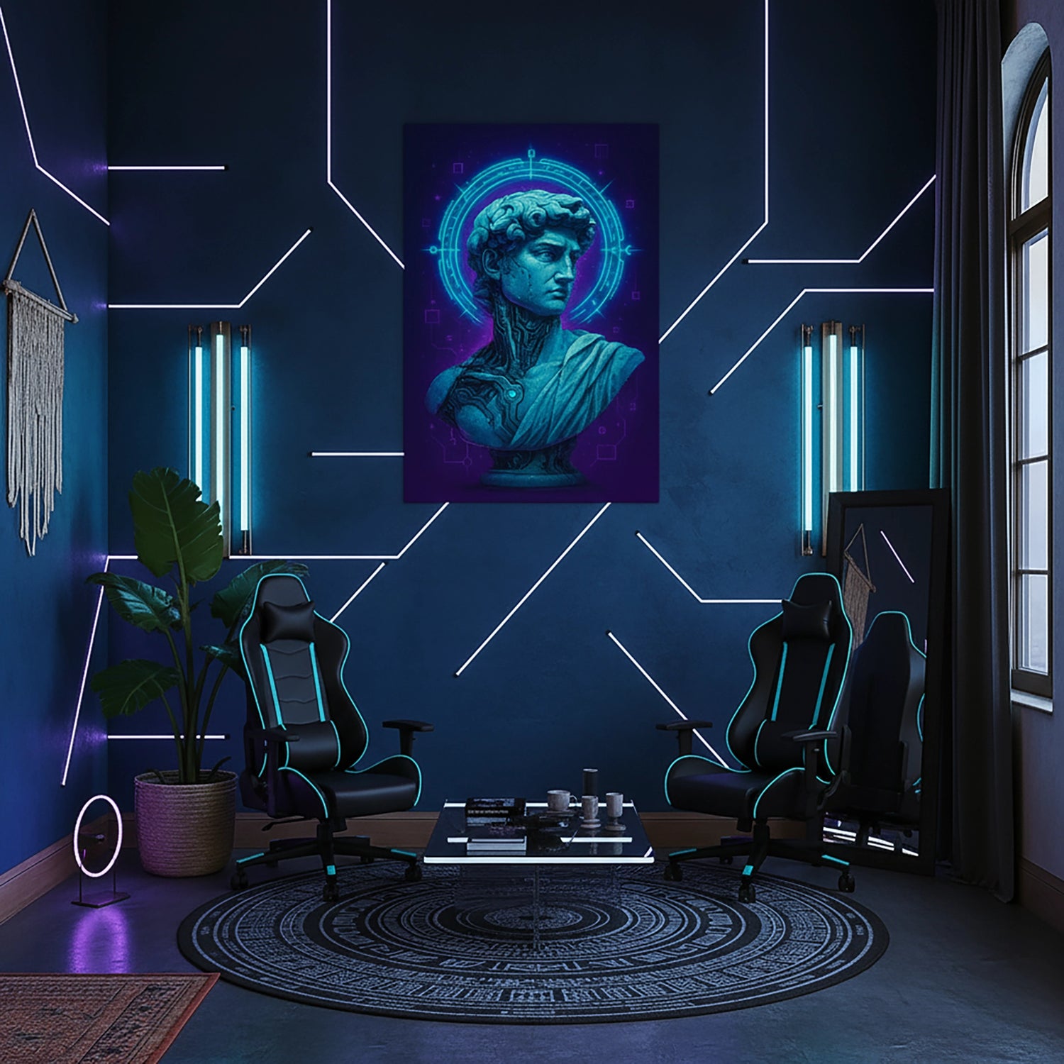 Çerçevesiz kanvas tablo, klasik heykel büstü ve neon mavi dijital halka efektleriyle tasarlanmış futuristik ve modern bir duvar dekoru sunar. Yüksek çözünürlüklü FabricUp dijital baskı kalitesi sayesinde estetik, premium ve çağdaş dekorasyon için dikkat çekici bir sanat eseri oluşturur.