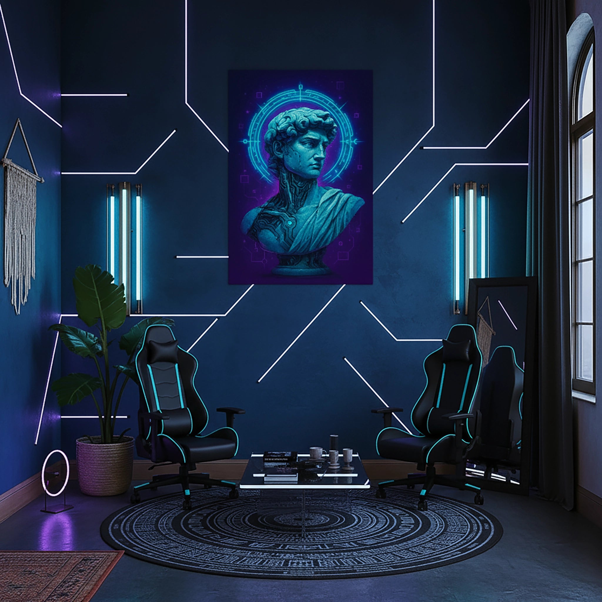 Çerçevesiz kanvas tablo, klasik heykel büstü ve neon mavi dijital halka efektleriyle tasarlanmış futuristik ve modern bir duvar dekoru sunar. Yüksek çözünürlüklü FabricUp dijital baskı kalitesi sayesinde estetik, premium ve çağdaş dekorasyon için dikkat çekici bir sanat eseri oluşturur.