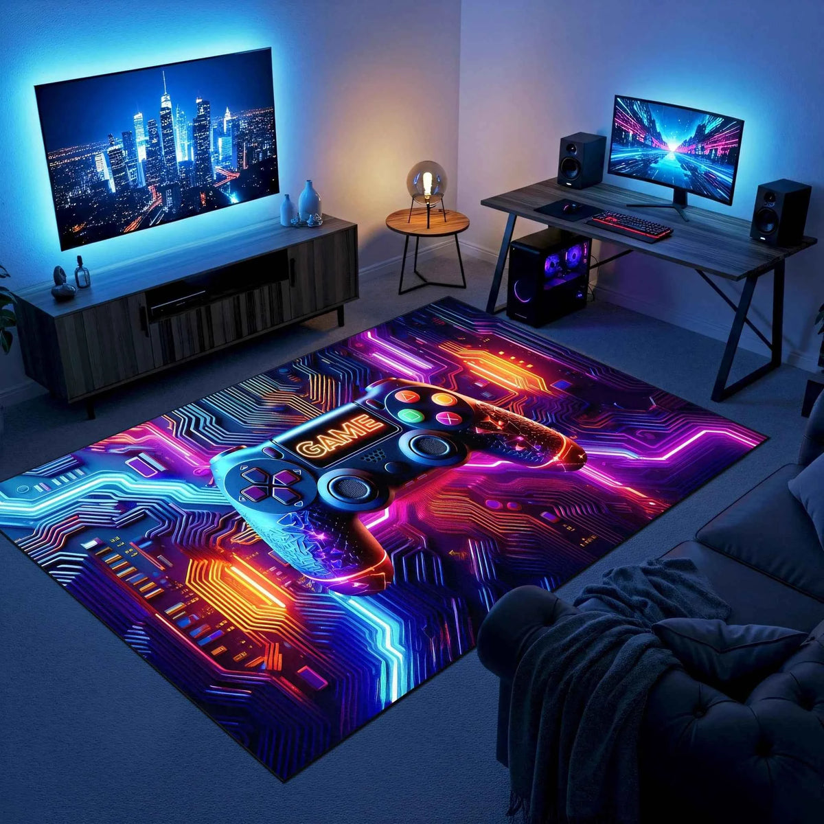 Neon Oyun Konsolu ve Devre Kartı Desenli Gamer Halısı