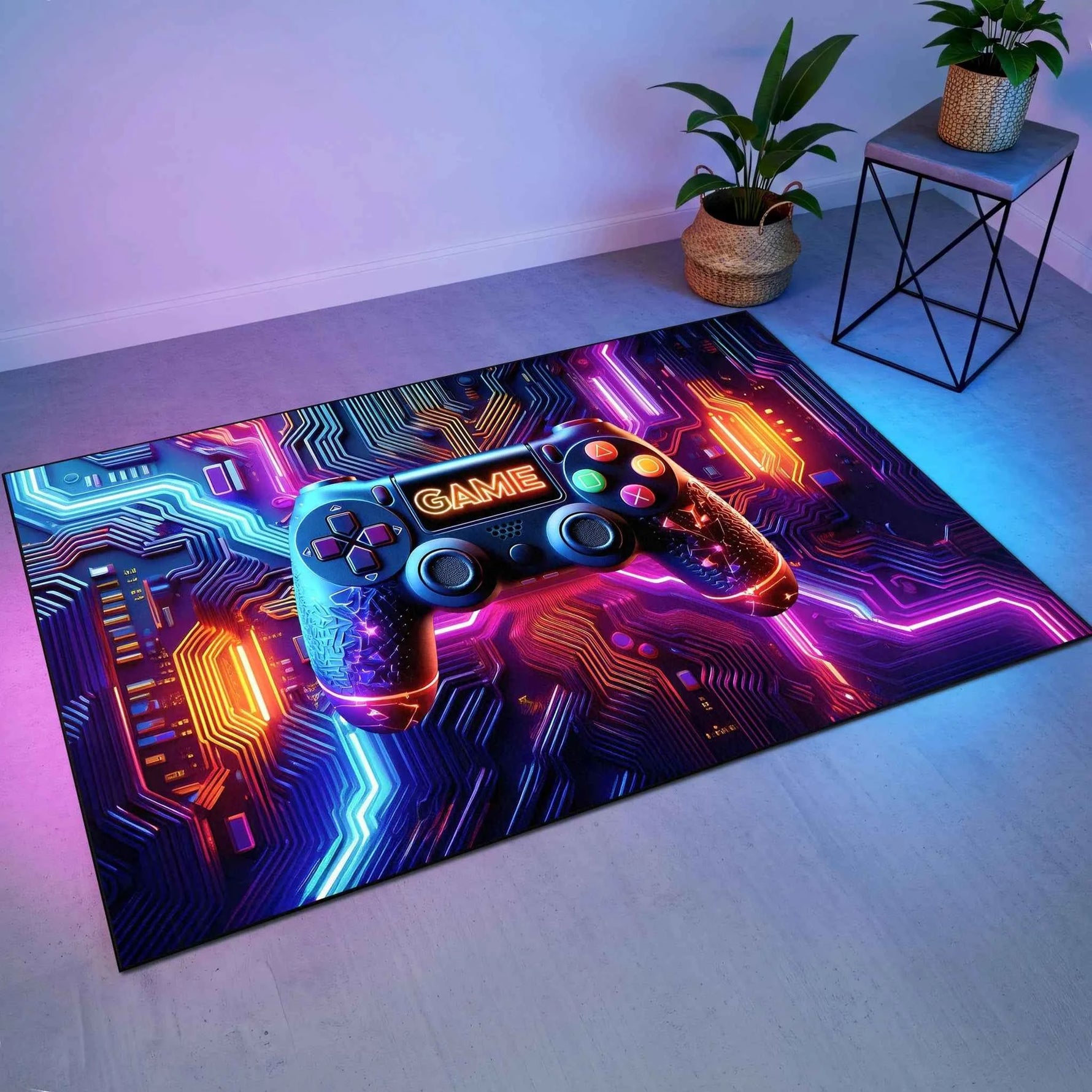 Neon Oyun Konsolu ve Devre Kartı Desenli Gamer Halısı