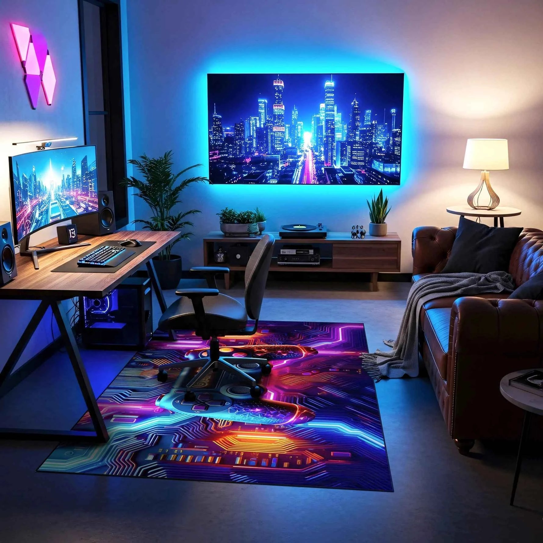 Neon Oyun Konsolu ve Devre Kartı Desenli Gamer Halısı