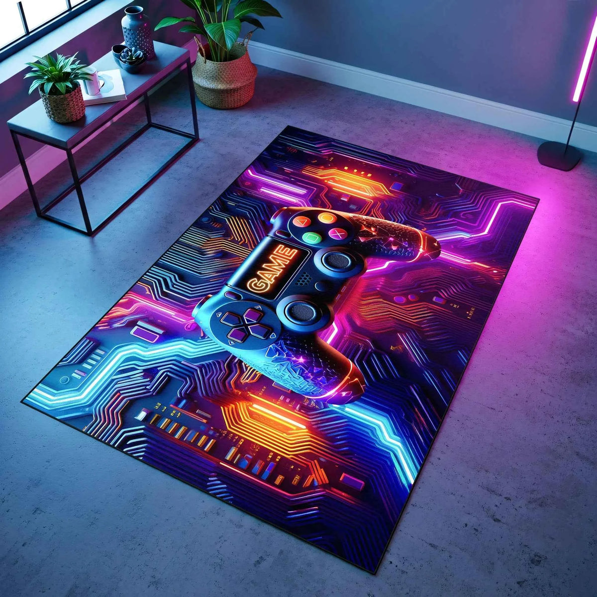 Neon Oyun Konsolu ve Devre Kartı Desenli Gamer Halısı