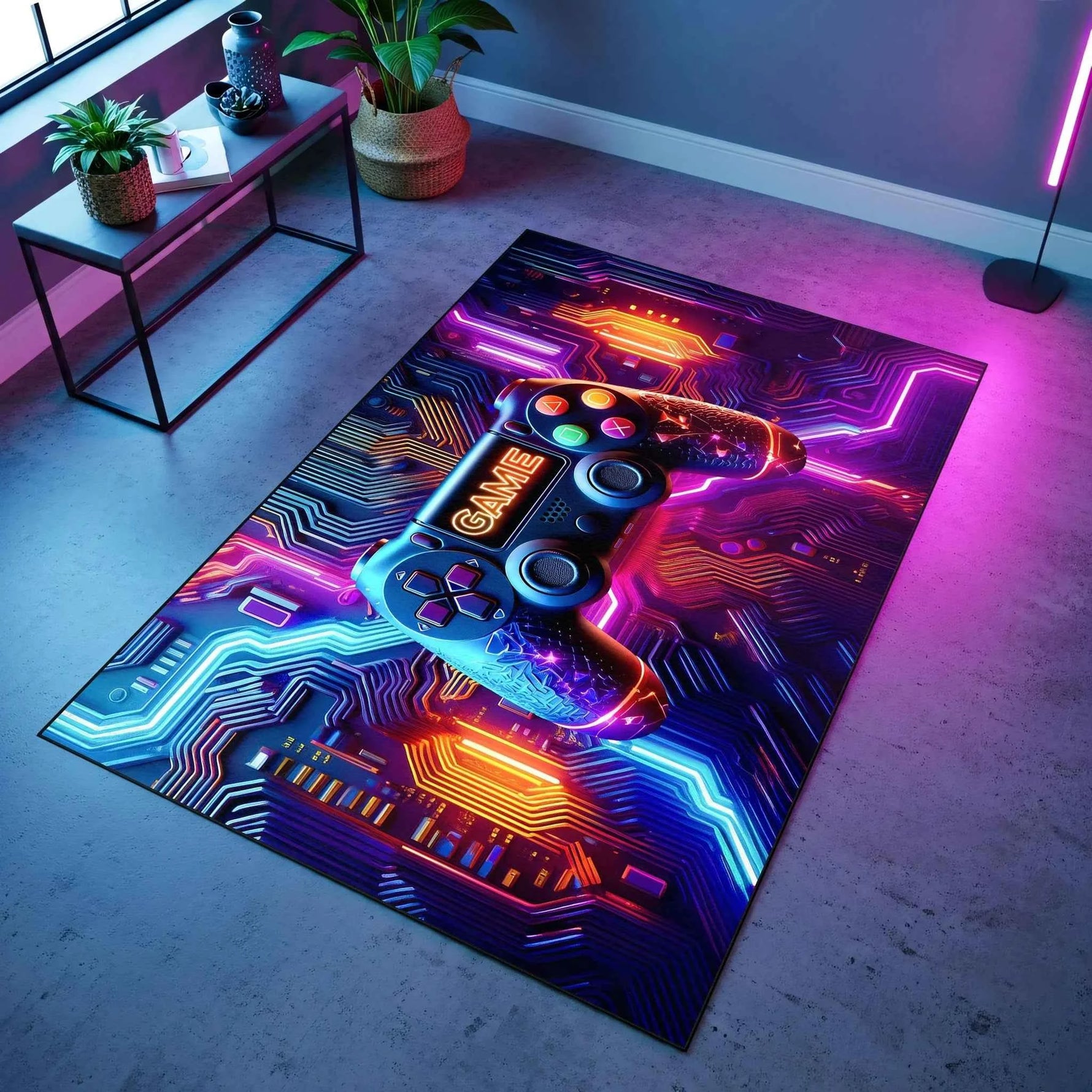 Neon Oyun Konsolu ve Devre Kartı Desenli Gamer Halısı
