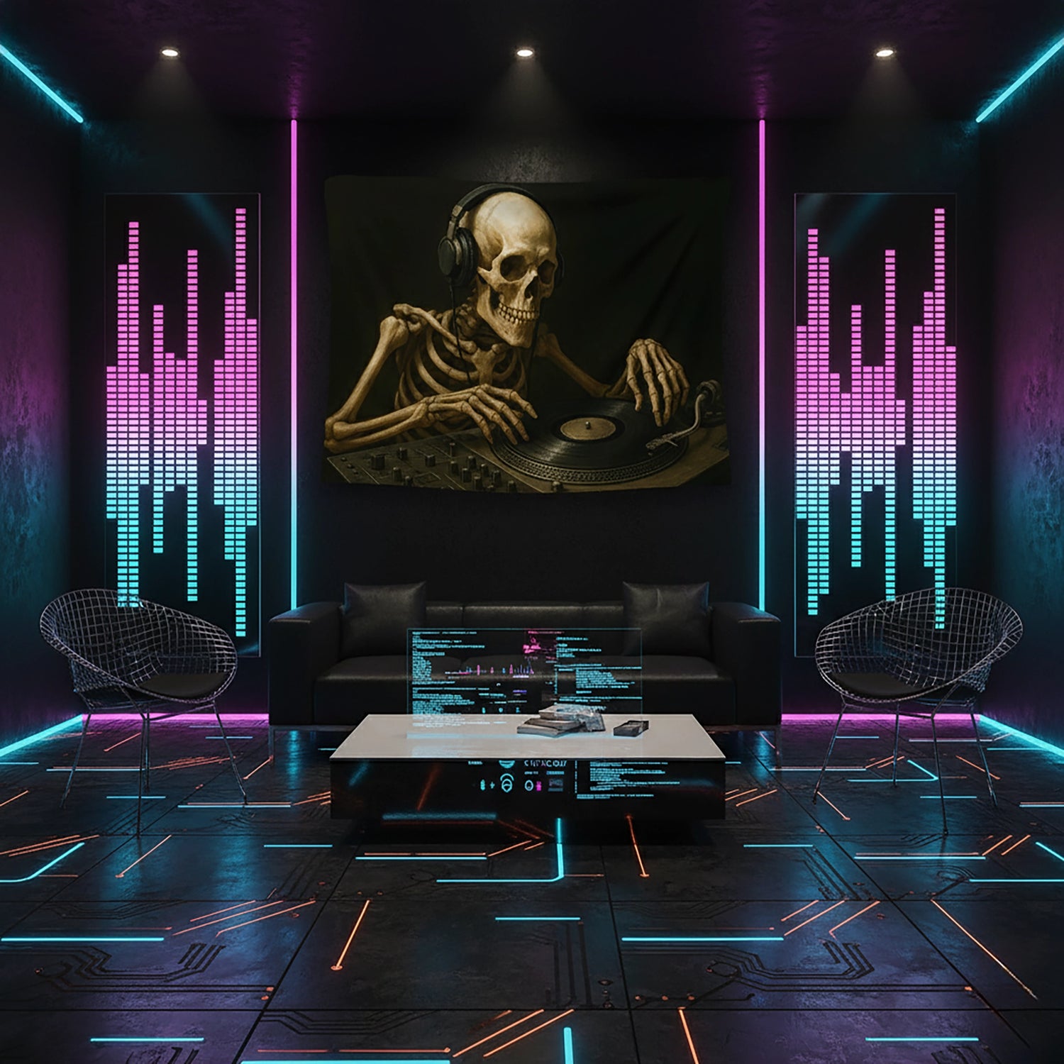 Kulaklık takmış DJ iskelet figürlü, koyu arka planlı gotik tarz dekoratif duvar örtüsü, müzik temalı modern ve alternatif iç mekanlar için sanatsal tasarım, yüksek çözünürlüklü canlı baskı, FabricUp koleksiyonu