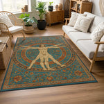 Klasik sanat temalı dekoratif halı, geometrik daireler içinde betimlenen insan figürü ve ince çizim detaylarıyla öne çıkar. Turkuaz, bej ve toprak tonlarının uyumuyla hazırlanmış, eskitme efektli özel tasarım halı.
