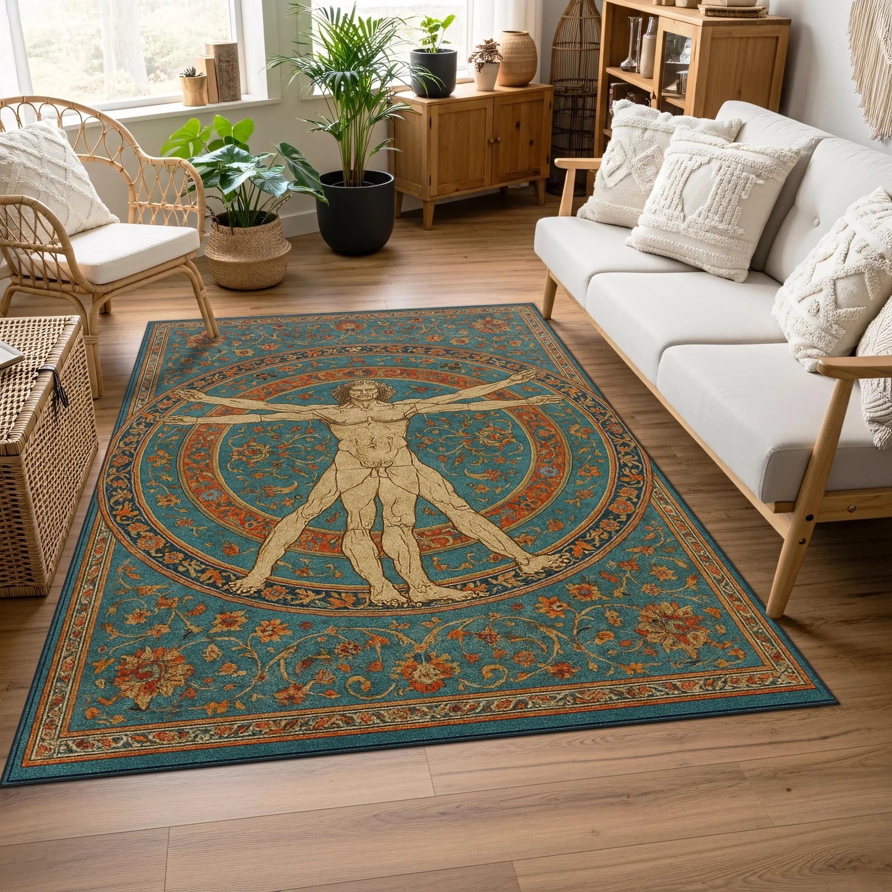 Klasik sanat temalı dekoratif halı, geometrik daireler içinde betimlenen insan figürü ve ince çizim detaylarıyla öne çıkar. Turkuaz, bej ve toprak tonlarının uyumuyla hazırlanmış, eskitme efektli özel tasarım halı.
