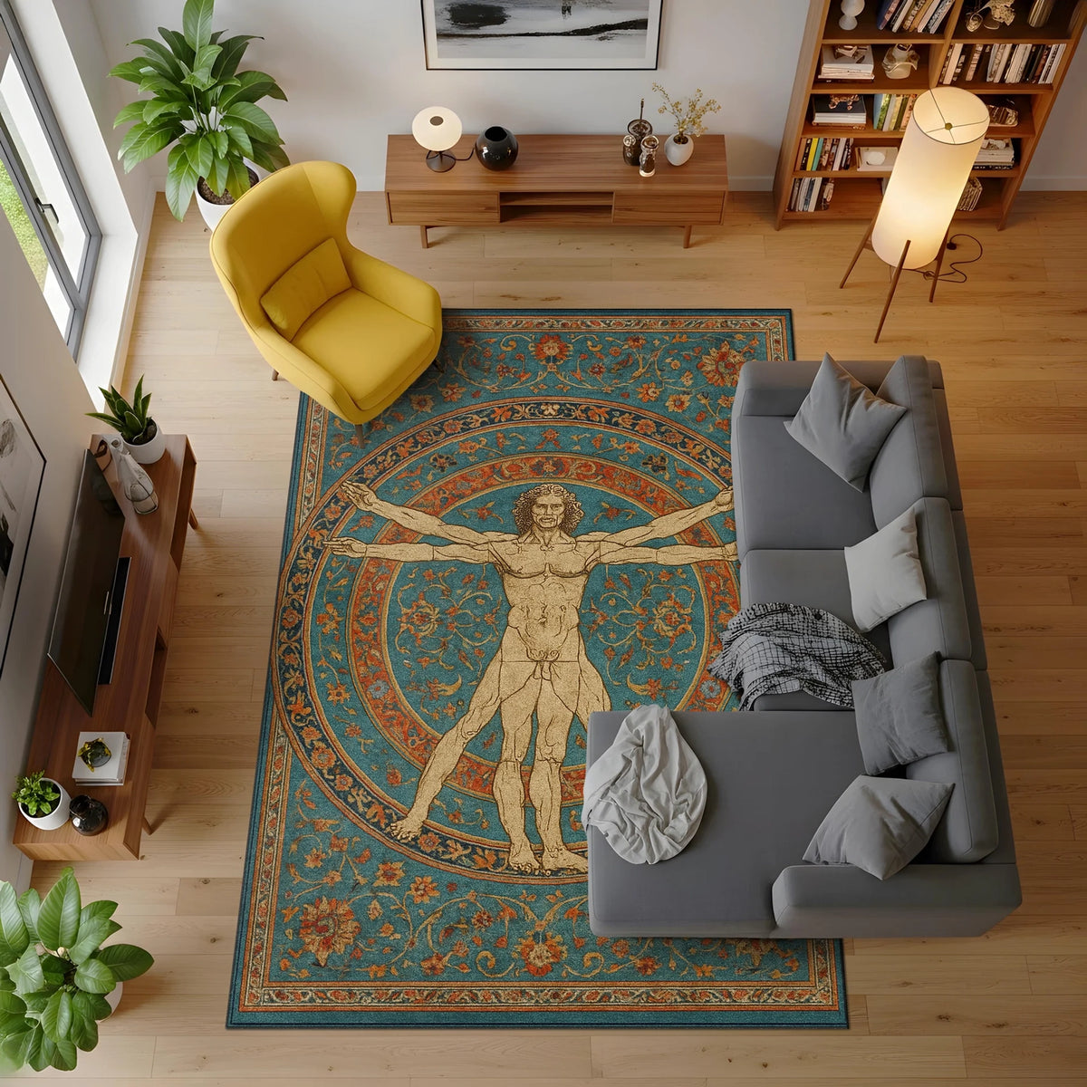 Rönesans ilhamlı figürlü halı modeli, oran ve simetri vurgulu insan çizimiyle sanatsal bir kompozisyon sunar. Turkuaz ağırlıklı zemin, geleneksel motifli bordür ve dijital baskı detaylarıyla üretilmiş halı tasarımı.
