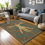 Sanat temalı modern halı, merkezde klasik anatomi figürü ve çevresinde dairesel şema yer alacak şekilde tasarlanmıştır. Vintage stil desenler, zengin turkuaz tonlar ve detaylı grafik işçilikle hazırlanmış dekoratif halı.
