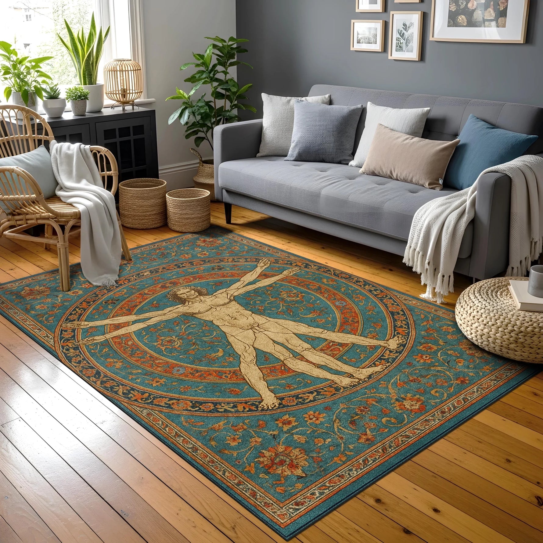 Sanat temalı modern halı, merkezde klasik anatomi figürü ve çevresinde dairesel şema yer alacak şekilde tasarlanmıştır. Vintage stil desenler, zengin turkuaz tonlar ve detaylı grafik işçilikle hazırlanmış dekoratif halı.
