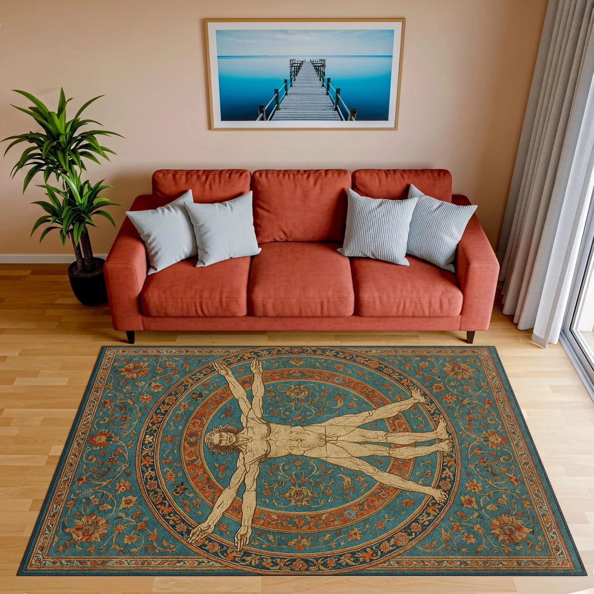 Figürlü dekoratif halı, klasik çizim tarzında insan formu ve geometrik oran çemberleriyle dikkat çeker. Turkuaz zemin üzerine işlenen floral bordürler ve sanatsal detaylarla tasarlanmış özgün halı modeli.
