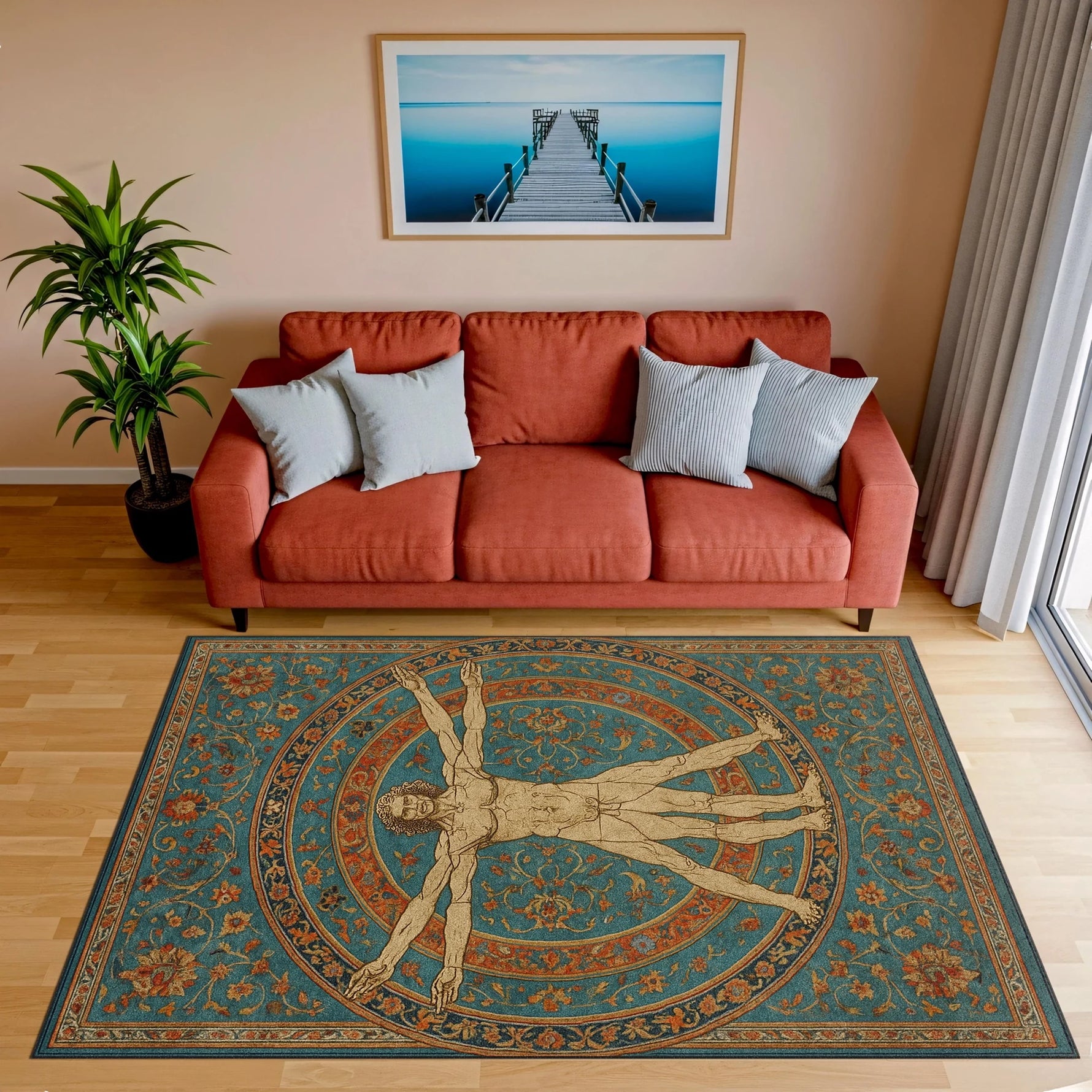 Figürlü dekoratif halı, klasik çizim tarzında insan formu ve geometrik oran çemberleriyle dikkat çeker. Turkuaz zemin üzerine işlenen floral bordürler ve sanatsal detaylarla tasarlanmış özgün halı modeli.
