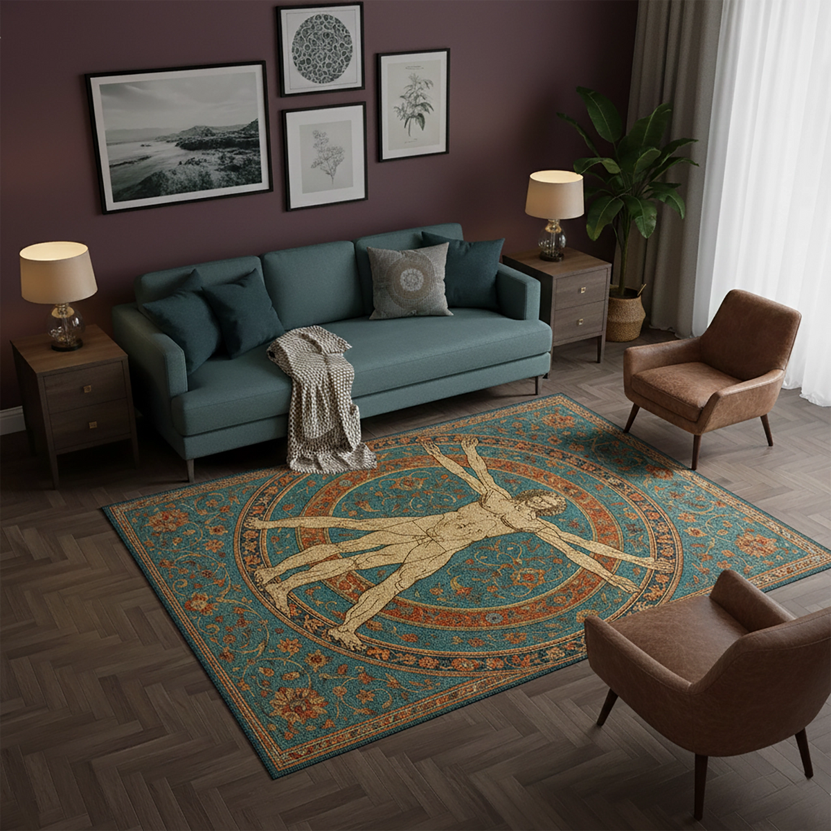 Turkuaz zeminli sanatsal halı, merkezinde dairesel oran şeması içinde konumlandırılmış klasik insan figürüyle dikkat çeker. Rönesans esintili çizim, detaylı floral bordürler ve vintage desen dokusuyla tasarlanmış dekoratif halı modeli.
