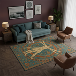 Turkuaz zeminli sanatsal halı, merkezinde dairesel oran şeması içinde konumlandırılmış klasik insan figürüyle dikkat çeker. Rönesans esintili çizim, detaylı floral bordürler ve vintage desen dokusuyla tasarlanmış dekoratif halı modeli.
