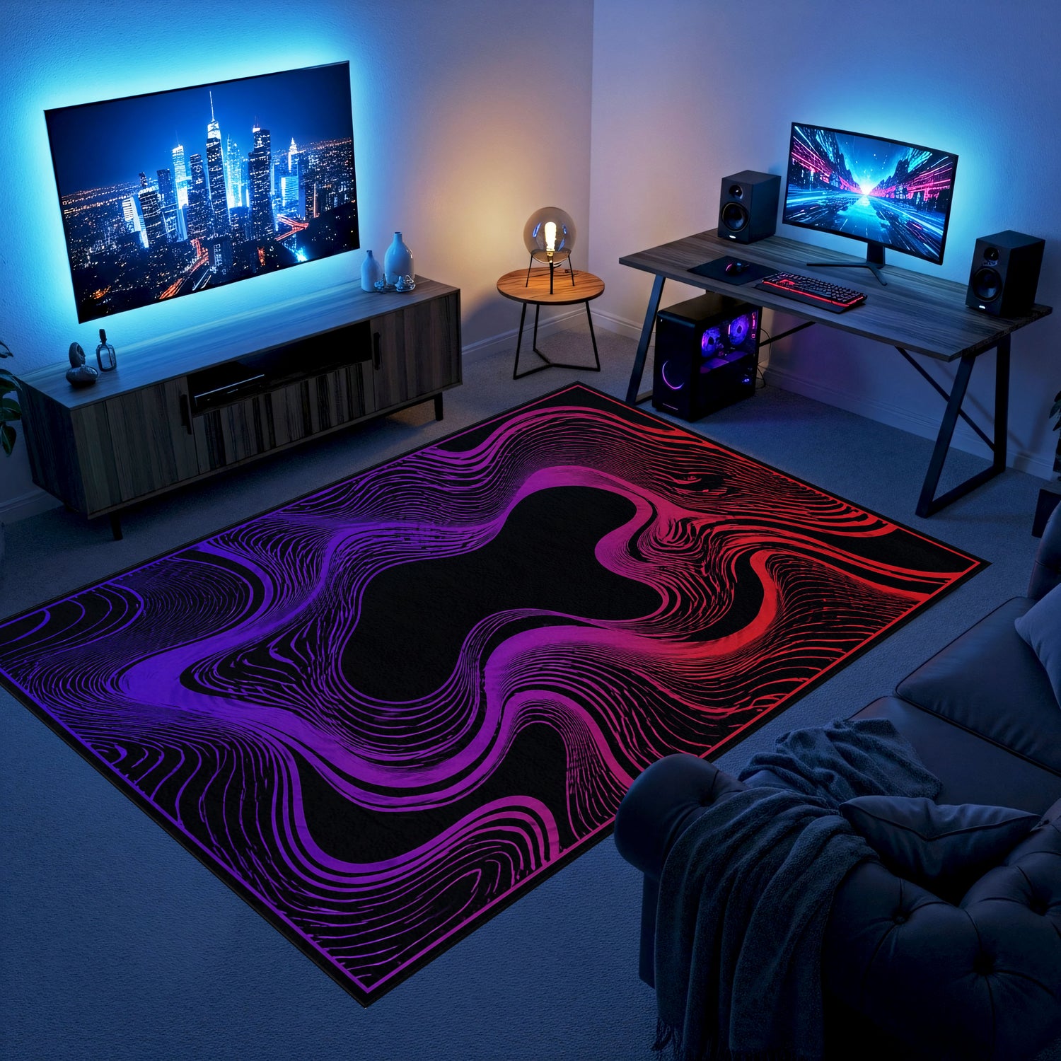 Dalga Optik İllüzyon Gaming Halısı | Neon Mor Kırmızı Akışkan Desen Siyah