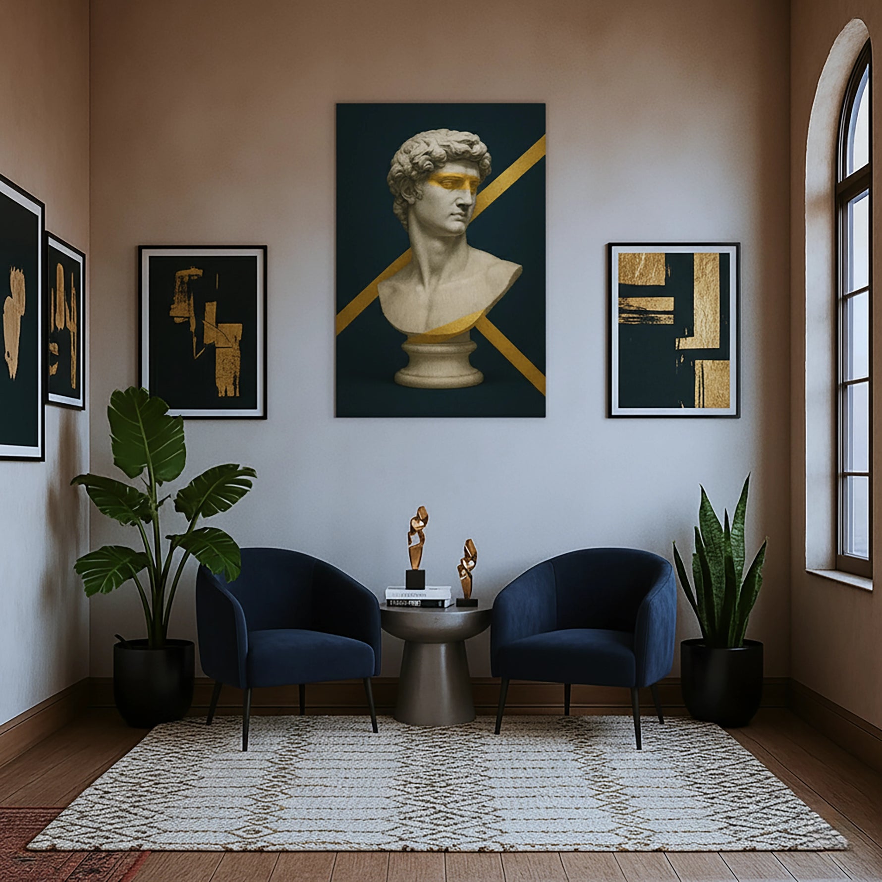 Antik mermer büst heykel ve altın geometrik şerit detaylarıyla tasarlanan çerçevesiz kanvas tablo, klasik sanat ile modern minimal estetiği birleştirir. Net baskı dokusu ve koyu zemin kontrastıyla salon, ofis ve sanat köşeleri için şık bir FabricUp duvar dekoru sunar.