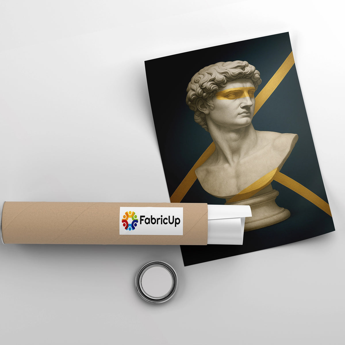 Poster estetiğinde tasarlanan heykel büstü ve altın geometrik detaylı kanvas tablo, klasik sanat temasını çağdaş grafik tasarımla buluşturur. Güçlü renk kontrastı ve yüksek kaliteli baskı sayesinde ofis ve salonlarda dikkat çeken şık bir FabricUp koleksiyonu parçasıdır.