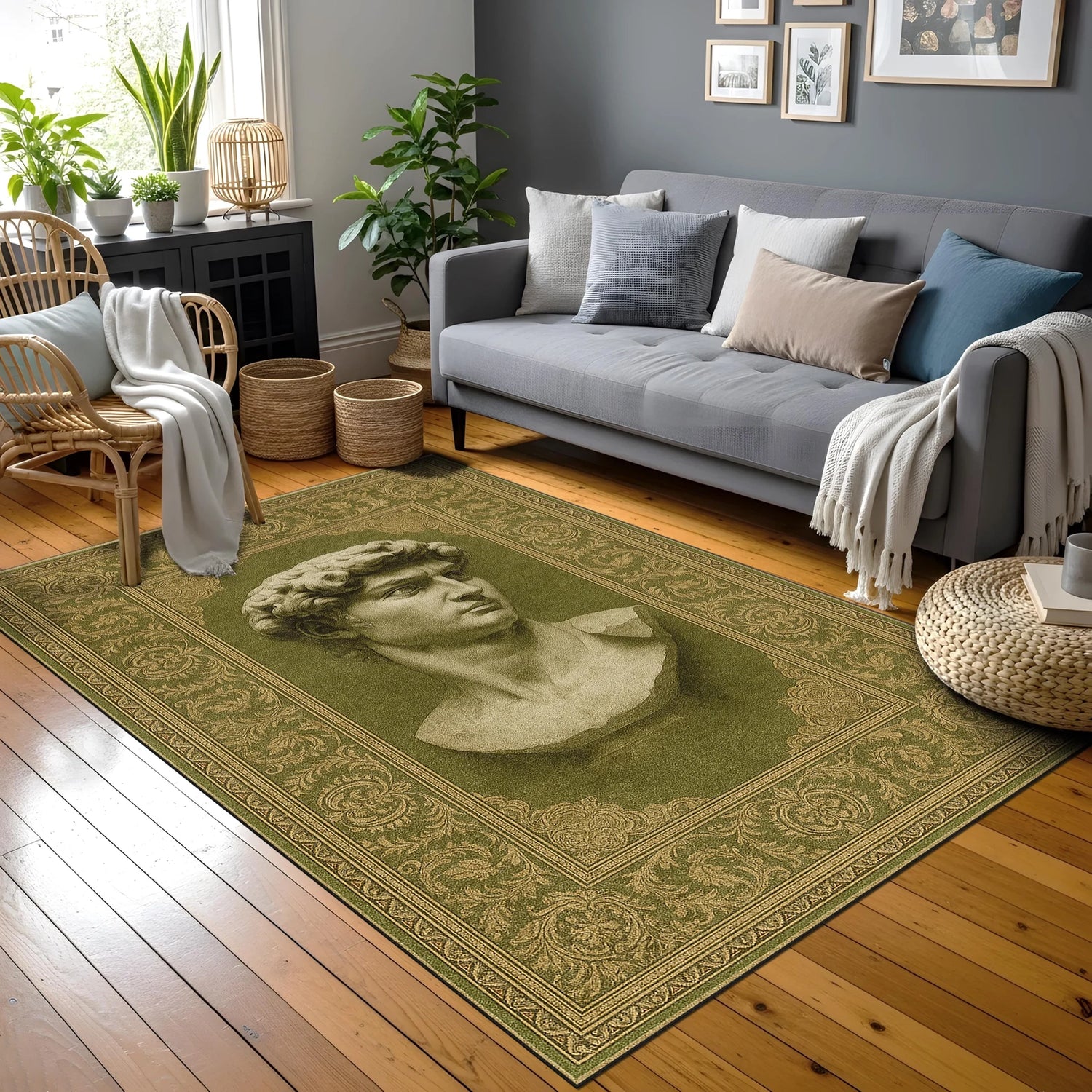 Merkez alanında antik heykel estetiğinde betimlenmiş Davut büstü yer alan yeşil tonlu dekoratif halı; taş doku hissi veren portre illüstrasyonu, çevresinde ince işlenmiş floral ve geometrik desenli klasik çerçeve yapısı.