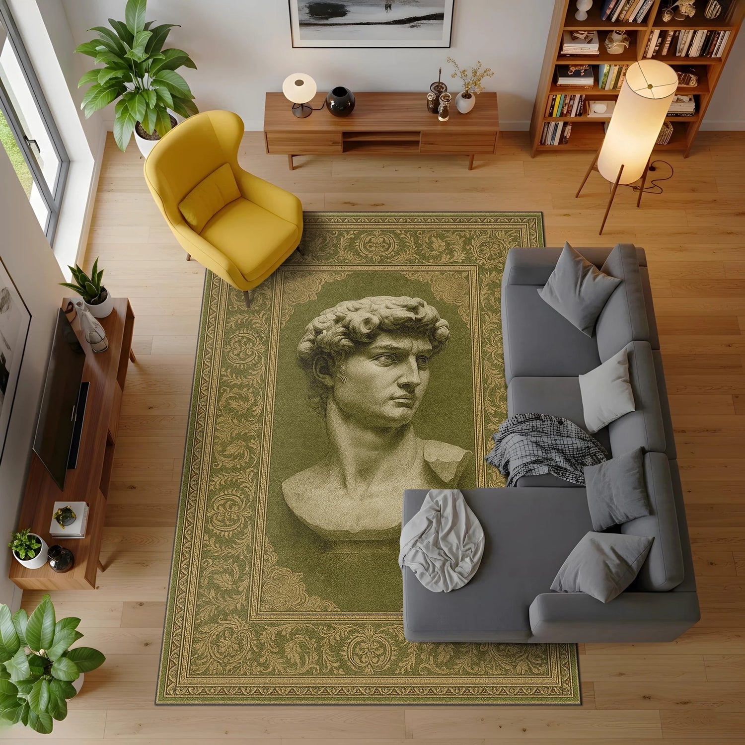 Zeytin yeşili zemin üzerinde merkezde Michelangelo’nun Davut heykelinden esinlenilmiş erkek büstü figürü bulunan sanatsal halı; mermer heykel dokusunu andıran yüz detayları, klasik bitkisel motifli simetrik bordür ve dengeli yüzey kompozisyonu.