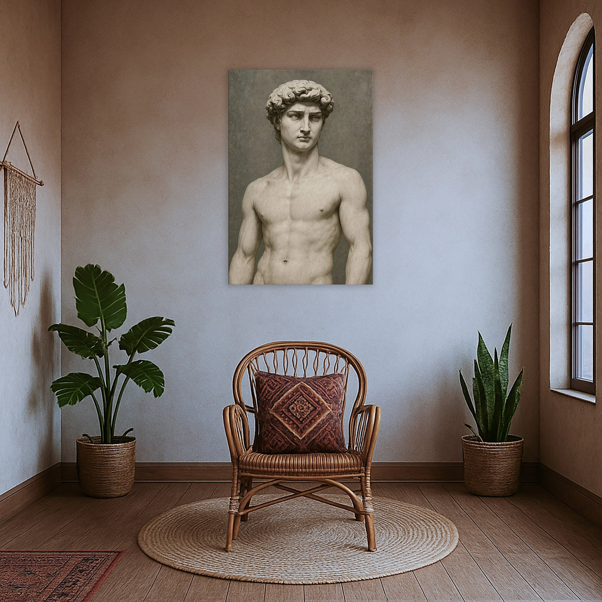 Antik dönemden ilham alan mermer erkek heykeli kompozisyonu, bu çerçevesiz kanvas tabloda müze kalitesinde bir sanat hissi sunar. Yumuşak ışık gölge geçişleri ve net baskı dokusu modern iç mekanlara zarif ve klasik bir FabricUp karakteri katar.