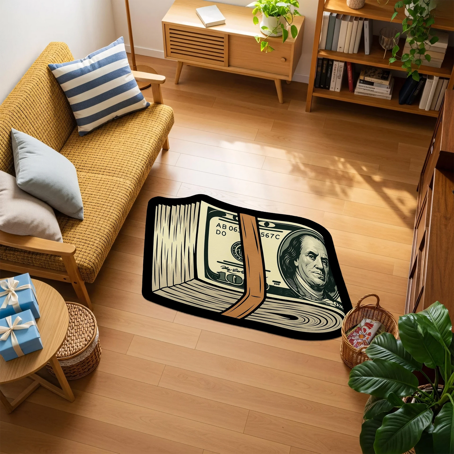 Deste halinde çizilmiş, siyah konturlu ve kahverengi bantla sarılmış Amerikan doları illüstrasyonunu gösteren özel kesim halı; ortada Benjamin Franklin portresi bulunan banknot detayları, yeşil ve krem tonlarıyla pop art ve grafik tasarım stilinde hazırlanmış figürlü desen.
