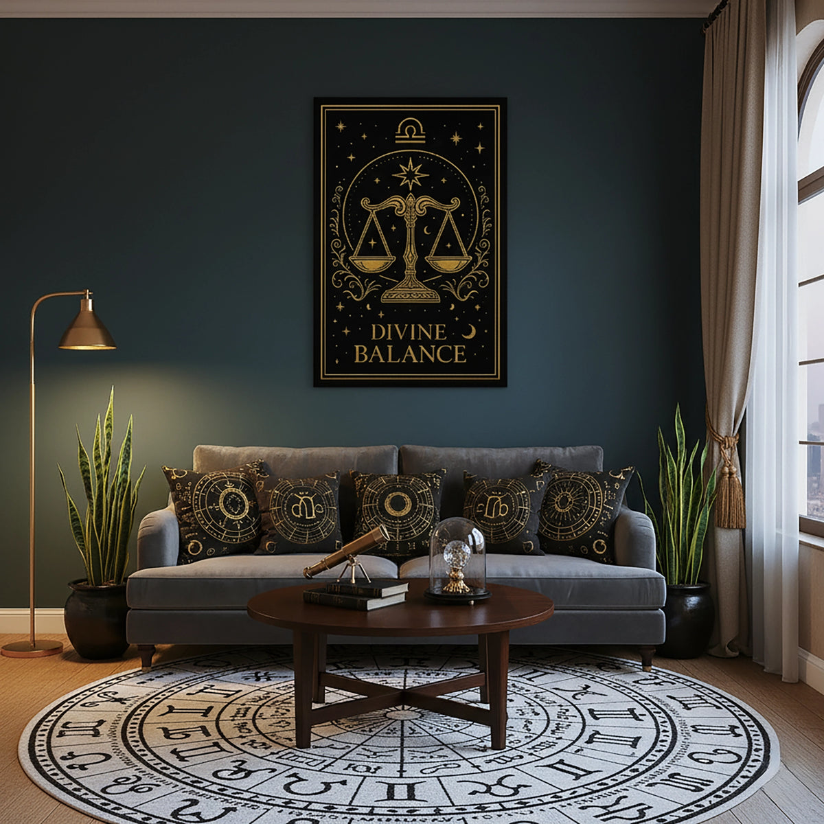 Çerçevesiz kanvas tablo olarak tasarlanan bu Libra temalı duvar dekoru, altın çizgilerle işlenmiş terazi sembolü ve yıldızlı gökyüzü detaylarıyla denge, adalet ve minimal lüks estetiğini yansıtır. Modern ve mistik atmosfer sevenler için yüksek çözünürlüklü FabricUp dijital baskı sanat eseridir.