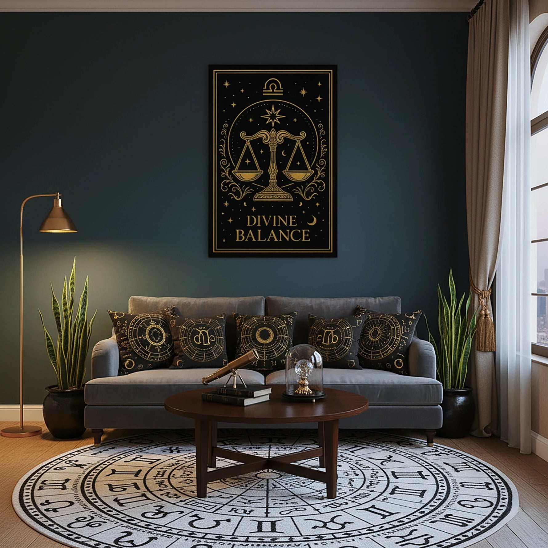 Çerçevesiz kanvas tablo olarak tasarlanan bu Libra temalı duvar dekoru, altın çizgilerle işlenmiş terazi sembolü ve yıldızlı gökyüzü detaylarıyla denge, adalet ve minimal lüks estetiğini yansıtır. Modern ve mistik atmosfer sevenler için yüksek çözünürlüklü FabricUp dijital baskı sanat eseridir.