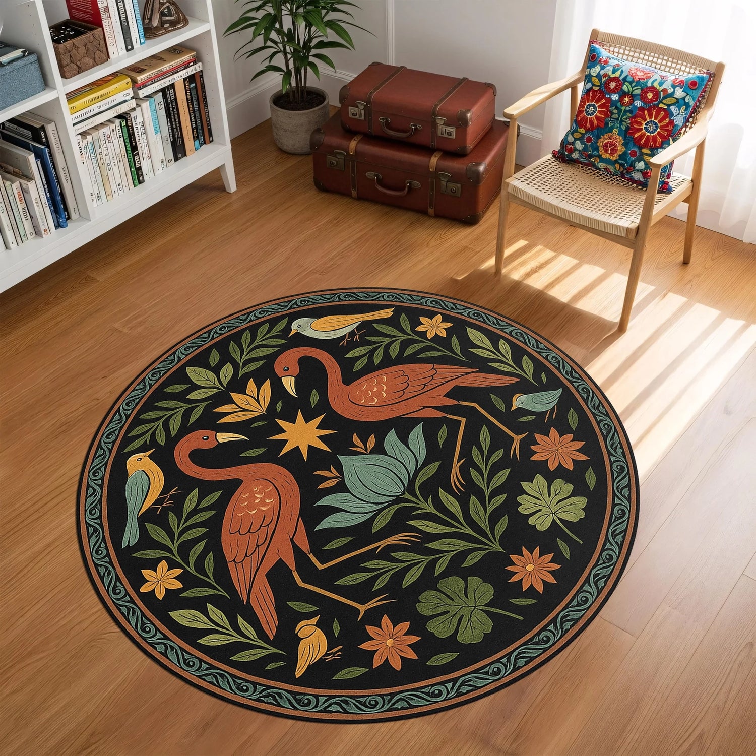 Yuvarlak formda tasarlanmış, siyah arka plan üzerinde iki stilize kuş figürü ve botanik motiflerle zenginleştirilmiş sanatsal halı. Yaprak, çiçek ve küçük kuş detaylarıyla dengeli bir desen alanı oluşturulmuştur. Kontrastlı renk paleti ve merkezî simetri sayesinde görsel bütünlük sunar. Yüksek çözünürlüklü baskı yüzeyiyle öne çıkan FabricUp dekoratif halı modeli, özgün folk-art estetiği taşır.