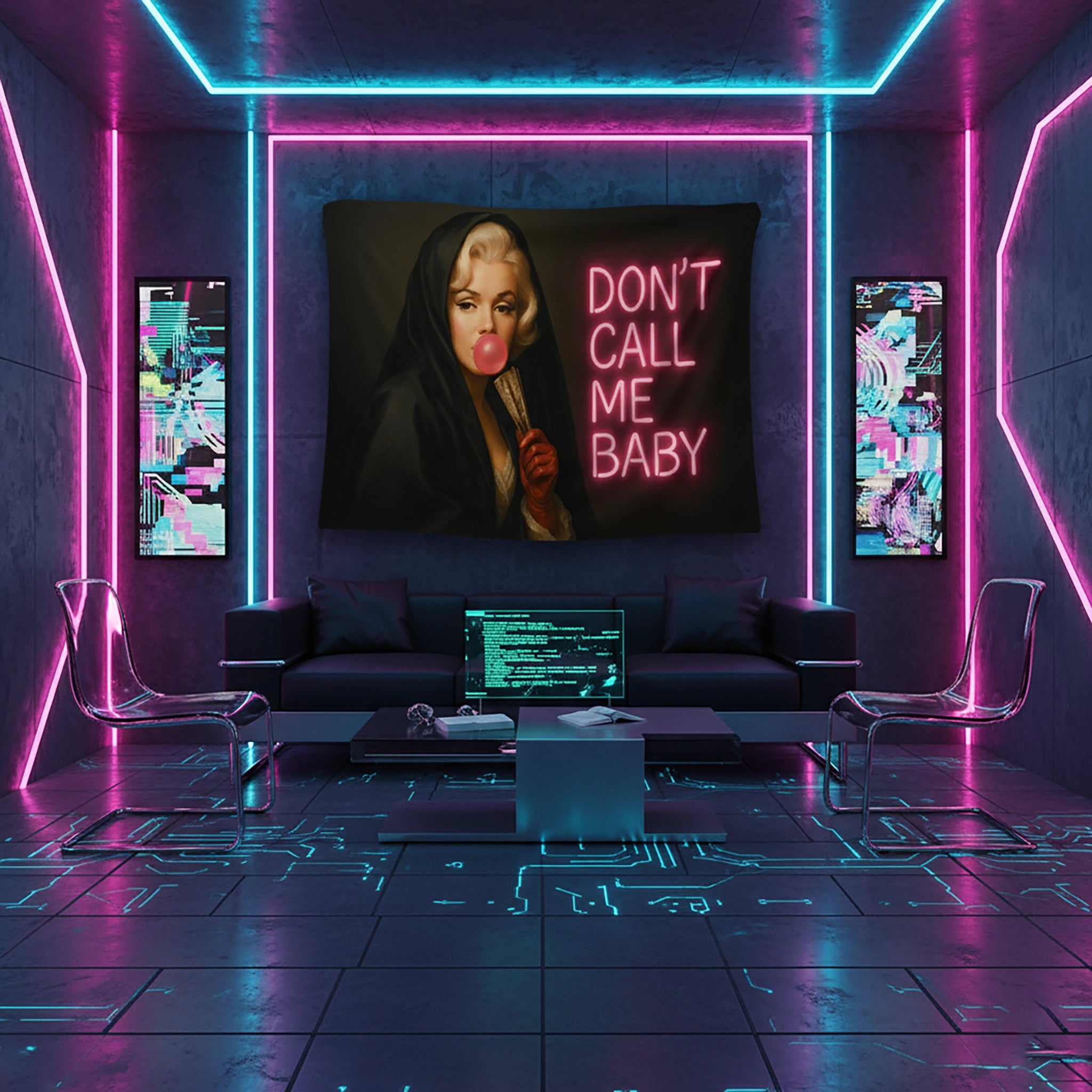 Siyah başörtülü gizemli kadın portresi ve pembe neon “Don’t Call Me Baby” yazısı bulunan modern pop art tarzı dekoratif duvar örtüsü, karanlık fonlu, güçlü kadın temalı, salon ve genç odası için çarpıcı tasarım, yüksek çözünürlüklü canlı baskı, FabricUp koleksiyonu
