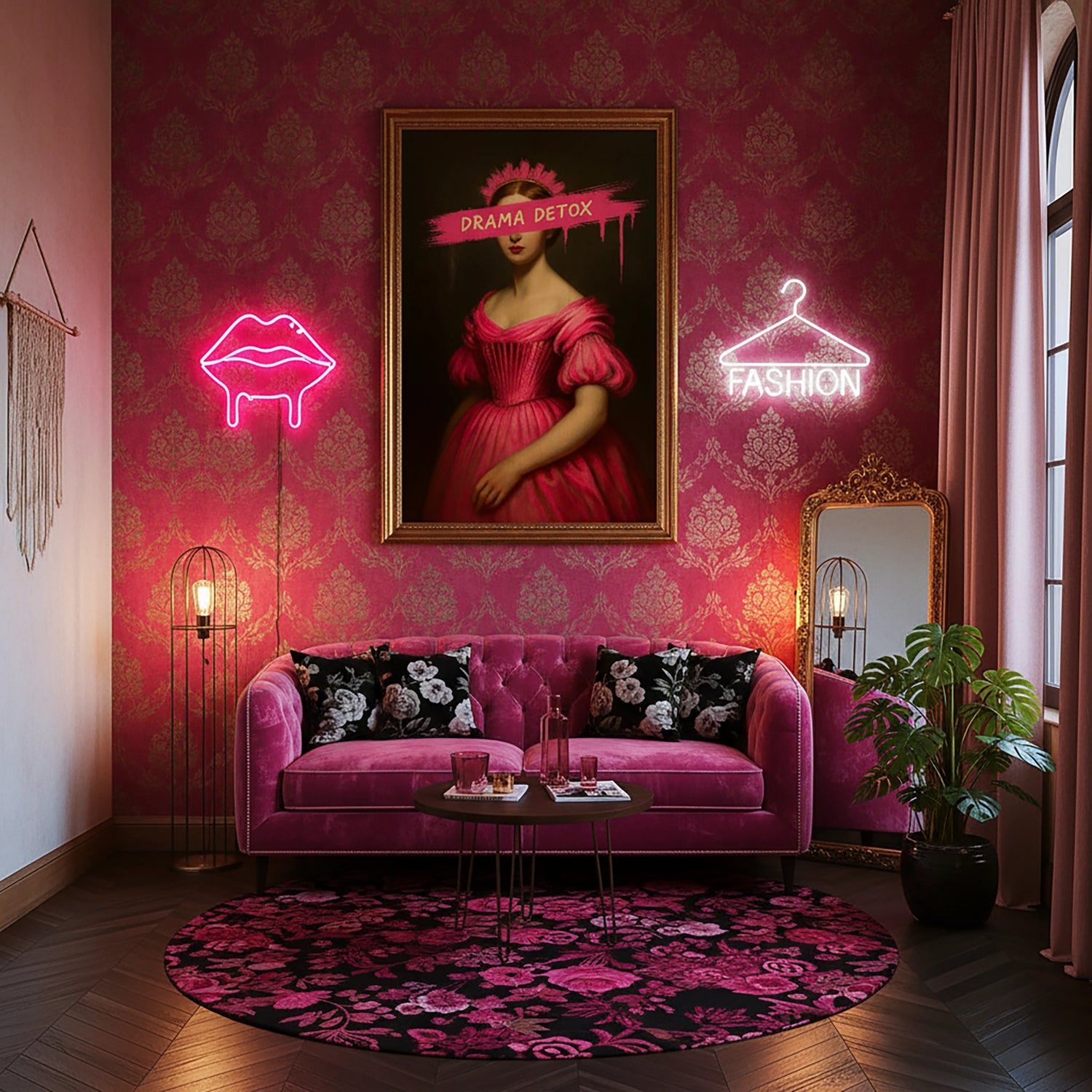 “Drama Detox” yazılı pembe elbiseli klasik kadın portresi, barok estetiği modern tipografi ve pop art dokunuşlarıyla birleştiren çerçevesiz kanvas tablo olarak güçlü bir sanatsal ifade sunar. Koyu fon üzerindeki canlı pembe tonlar, yüksek çözünürlüklü baskı sayesinde derinlik ve kontrast kazanır. Salon, yatak odası ve yaratıcı ofislerde feminen, dramatik ve stil sahibi bir atmosfer oluşturan bu tasarım FabricUp koleksiyonuna aittir.