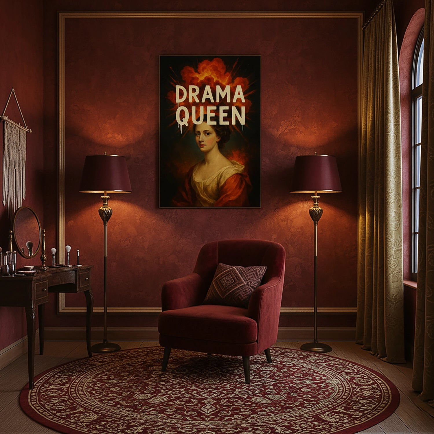 “Drama Queen” tipografisi ve klasik kadın portresini alev efektleriyle birleştiren bu çerçevesiz kanvas tablo, barok estetik ile modern pop art stilini harmanlayan güçlü bir duvar sanatıdır. Koyu fon üzerindeki sıcak kırmızı ve turuncu tonlar, yüksek çözünürlüklü baskı sayesinde derinlik ve dramatik atmosfer oluşturur. Salon, genç odası ve yaratıcı ofislerde dikkat çekici bir odak noktası sunan bu tasarım FabricUp koleksiyonuna aittir.