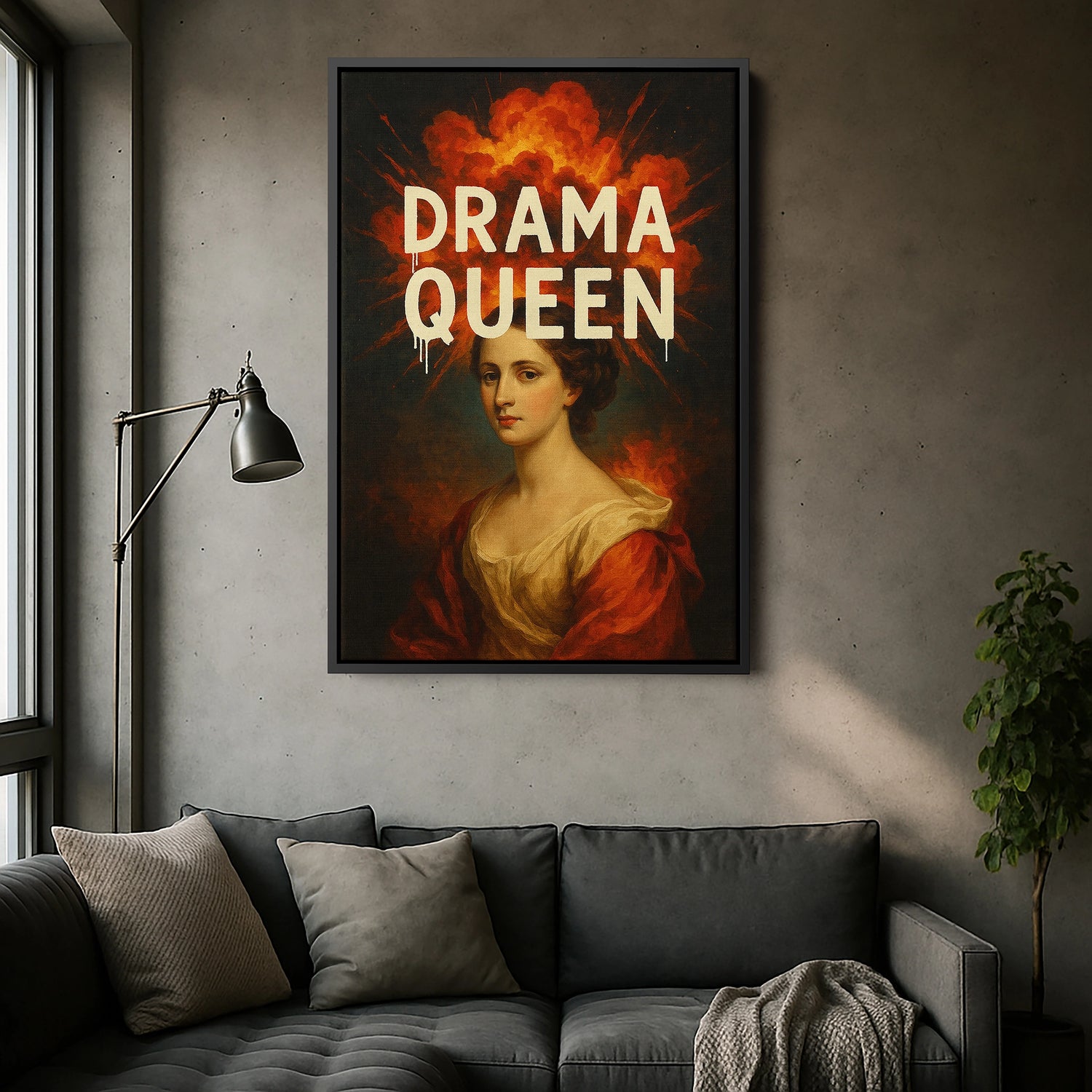Siyah çerçeveyle tamamlanan “Drama Queen” yazılı klasik portre, alevli arka plan ve güçlü renk kontrastıyla modern ve teatral bir duvar dekorasyonu sunar. Barok dönem estetiğini çağdaş tipografiyle birleştiren bu kanvas tablo, yüksek çözünürlüklü baskı kalitesi sayesinde yüz detaylarını ve ışık geçişlerini net şekilde yansıtır. Salon, ofis ve stüdyo alanlarında sofistike bir atmosfer yaratan bu eser FabricUp imzası taşır.
