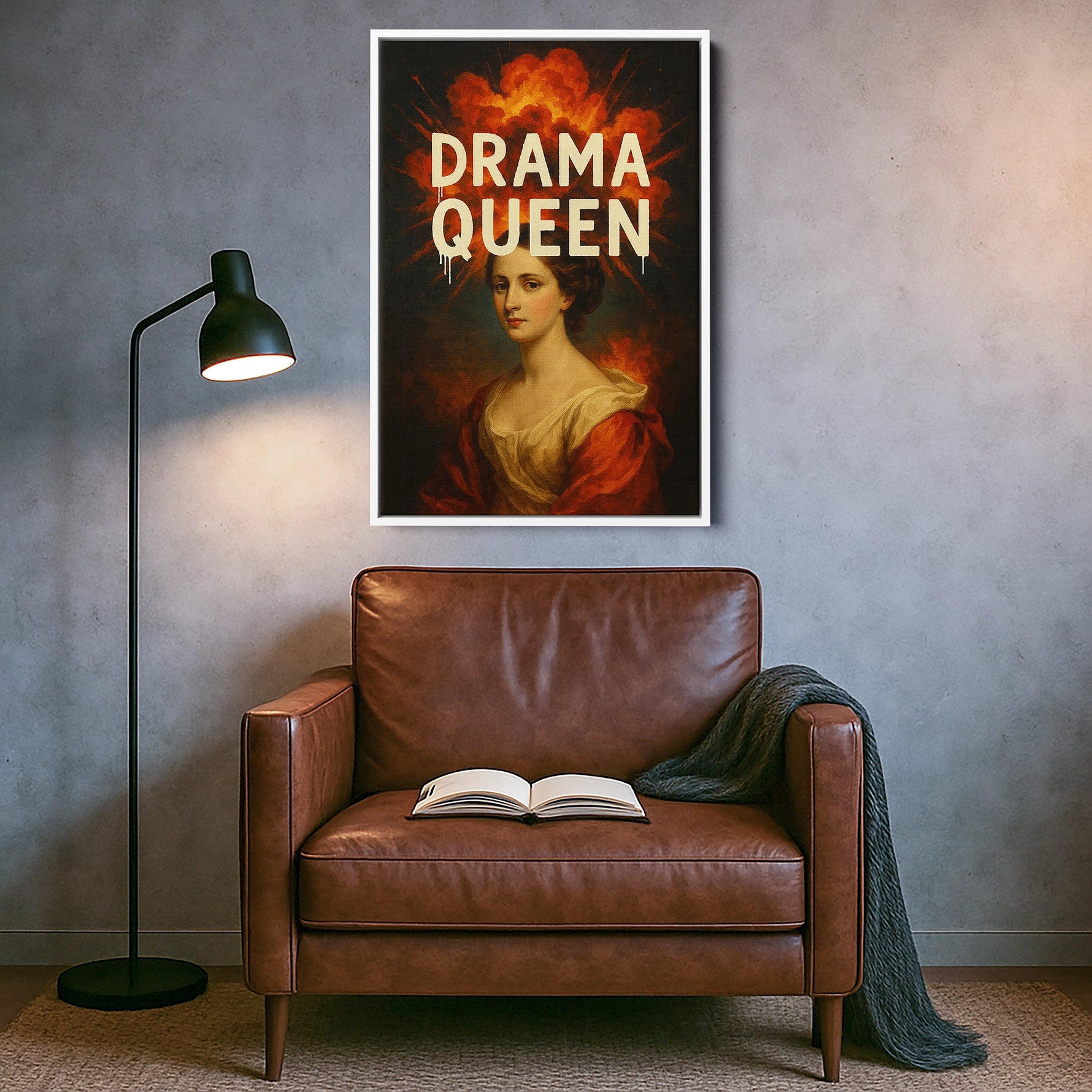 Beyaz çerçeveyle ferah ve dengeli bir görünüm kazanan “Drama Queen” temalı bu kanvas tablo, klasik kadın portresi ile modern tipografiyi dramatik alev efektleriyle buluşturur. Yüksek çözünürlüklü baskı dokusu, sıcak renk tonlarını ve detaylı yüz ifadelerini canlı şekilde yansıtarak yatak odası, salon ve sanat köşelerinde estetik bir vurgu oluşturur. Zarif ve güçlü kompozisyonu ile FabricUp koleksiyonunun özel parçalarındandır.