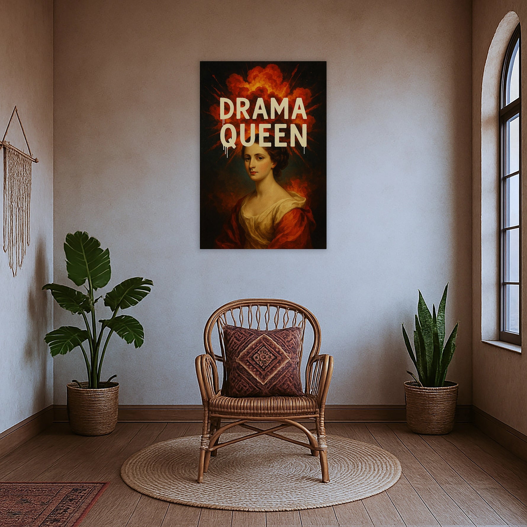 Klasik dönem kadın portresi üzerine yerleştirilmiş “Drama Queen” yazısı ve ateş dokulu arka plan, bu çerçevesiz kanvas tabloda güçlü bir teatral etki yaratır. Koyu zeminle kontrast oluşturan sıcak renk paleti, yüksek çözünürlüklü baskı sayesinde derinlik ve netlik kazanır. Modern salonlar, genç yaşam alanları ve yaratıcı stüdyolar için etkileyici bir duvar sanatı sunan bu tasarım FabricUp kalitesiyle üretilmiştir.