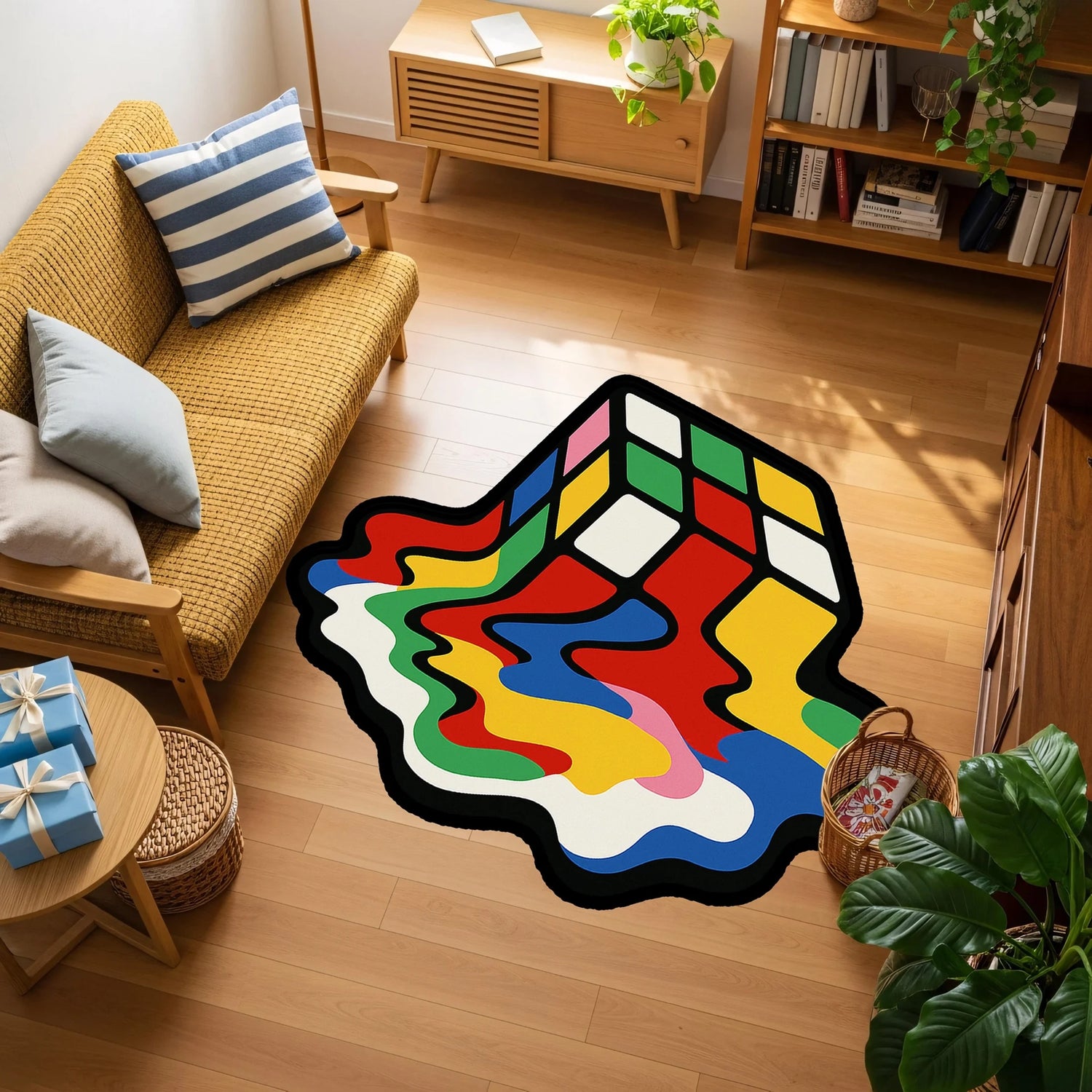 Renkli Rubik küpü illüstrasyonu ve eriyen boya efektleriyle tasarlanmış bu modern halı, pop art stil, geometrik figür, soyut renk akışı, retro oyun teması ve grafik tasarım estetiğini bir araya getiren enerjik bir sanat kompozisyonu sunar.
