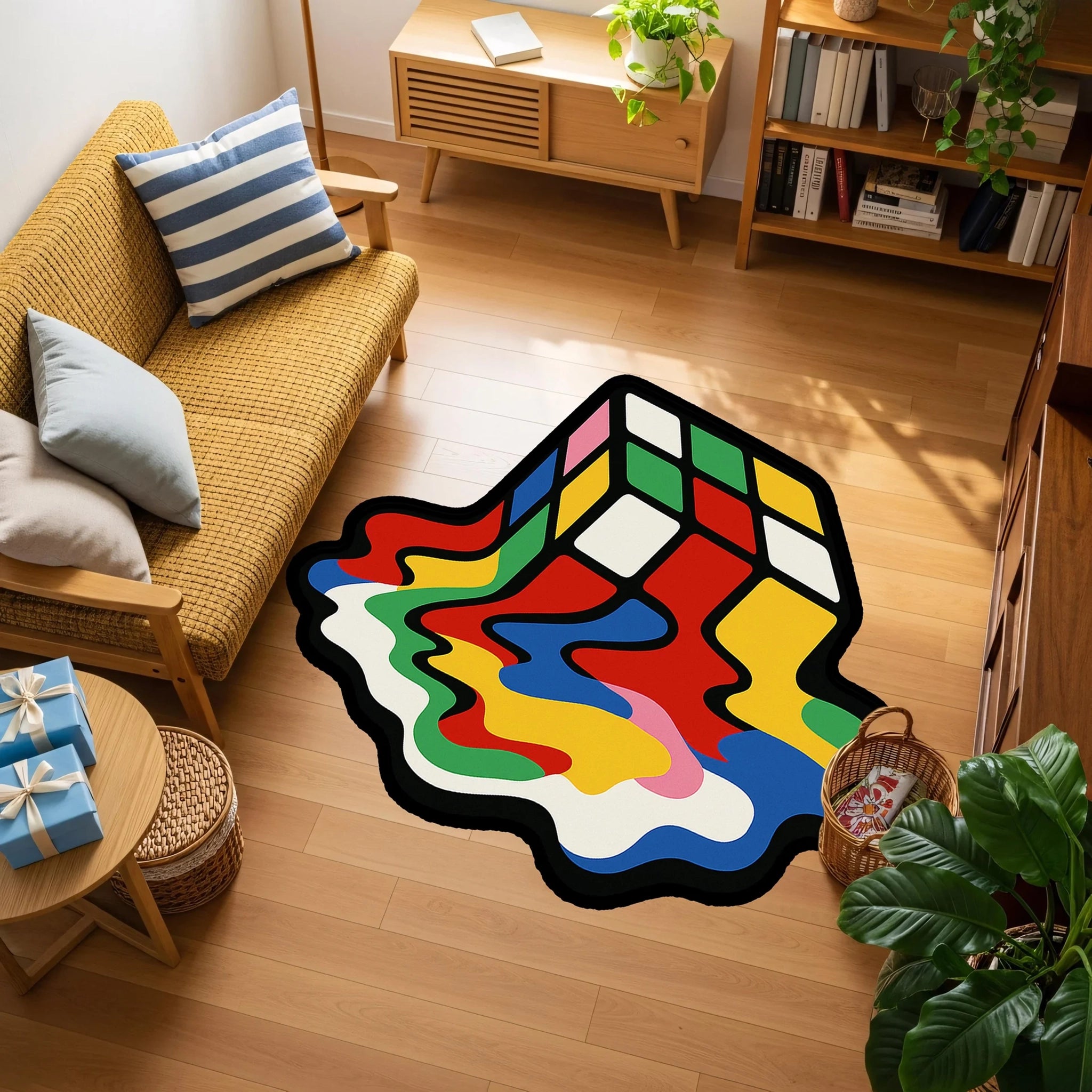 Renkli Rubik küpü illüstrasyonu ve eriyen boya efektleriyle tasarlanmış bu modern halı, pop art stil, geometrik figür, soyut renk akışı, retro oyun teması ve grafik tasarım estetiğini bir araya getiren enerjik bir sanat kompozisyonu sunar.
