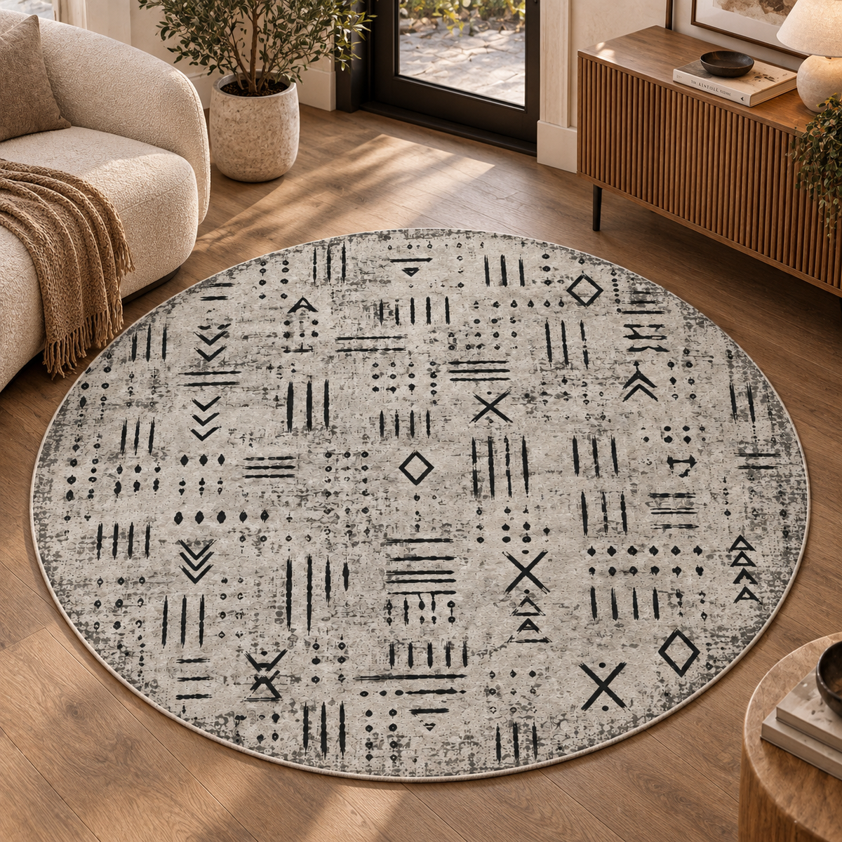 etnik-geometrik-desenli-gri-yuvarlak-hali-modern-iskandinav-salon
