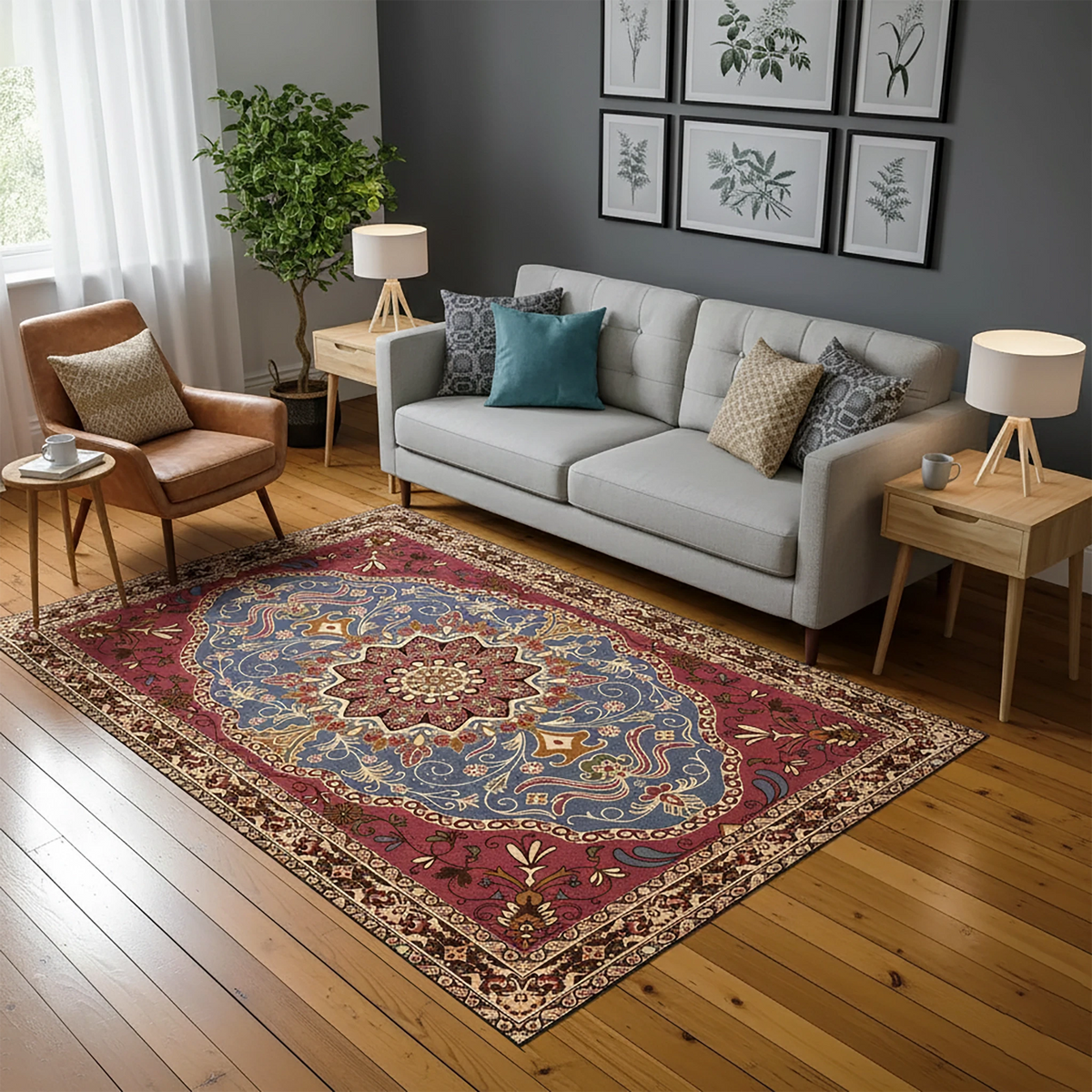 Mürdüm ve Mavi Madalyon Desenli Klasik Salon Halısı