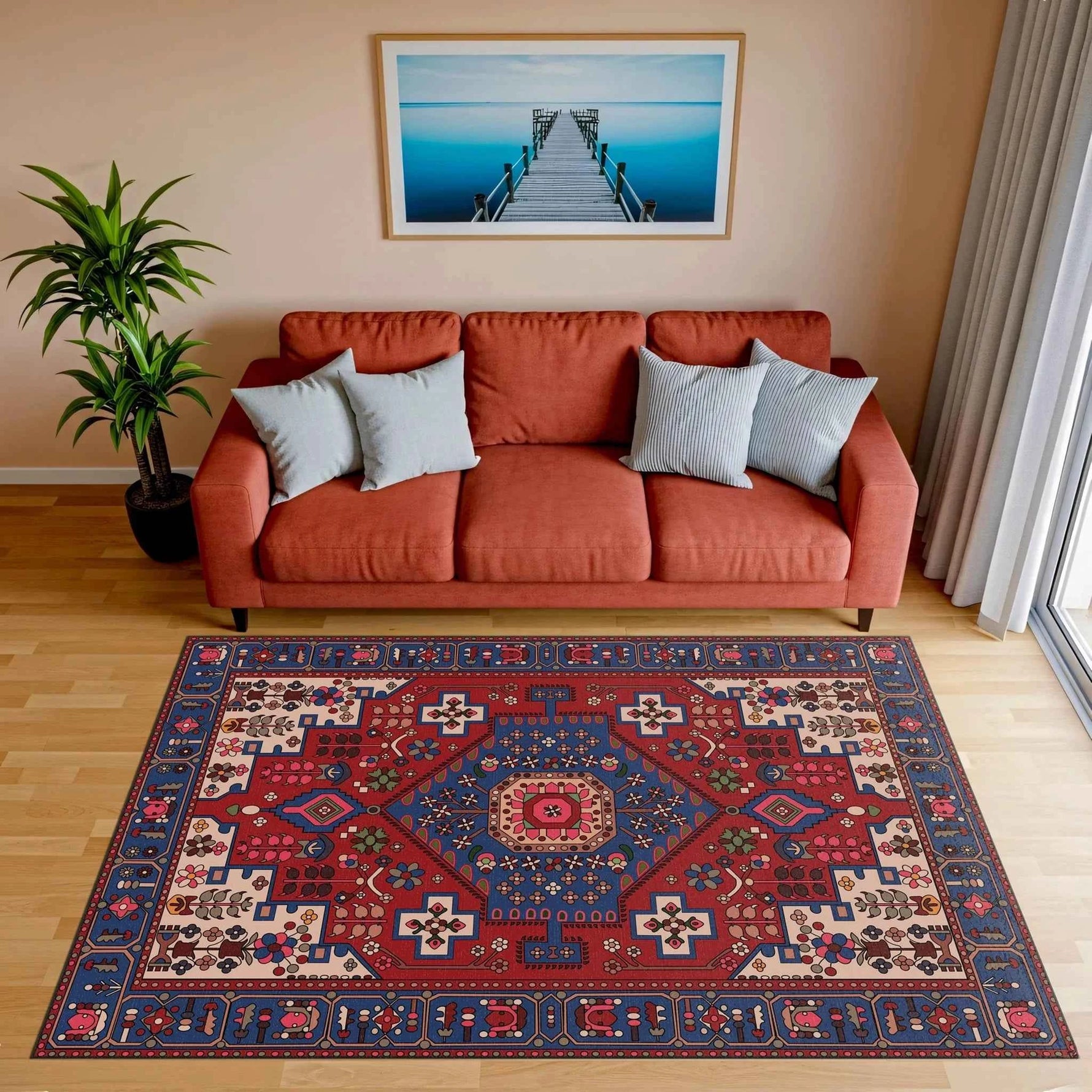 Kırmızı ve Lacivert Geometrik Desenli Geleneksel Salon Halısı