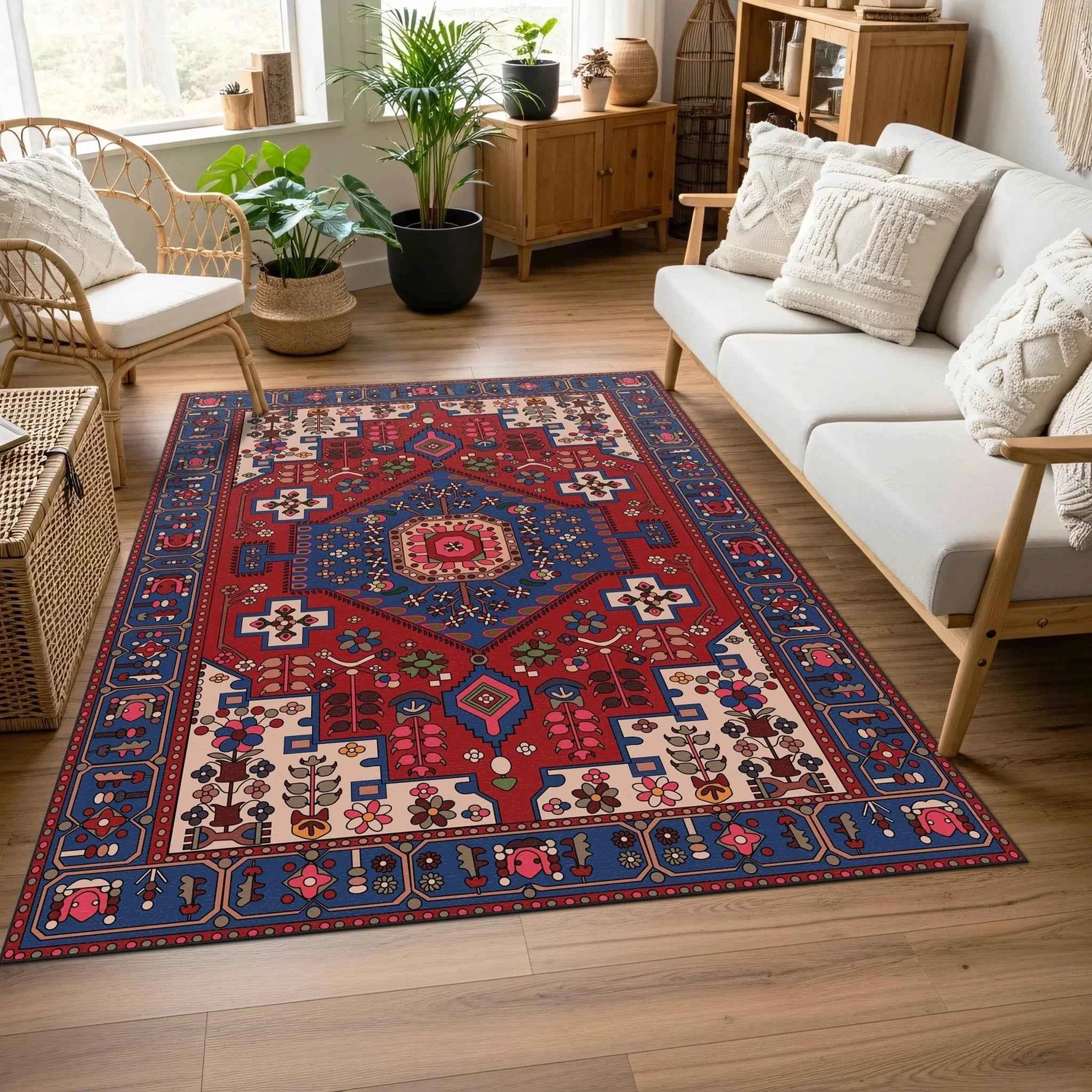 Kırmızı ve Lacivert Geometrik Desenli Geleneksel Salon Halısı