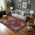 Kırmızı ve Lacivert Geometrik Desenli Geleneksel Salon Halısı