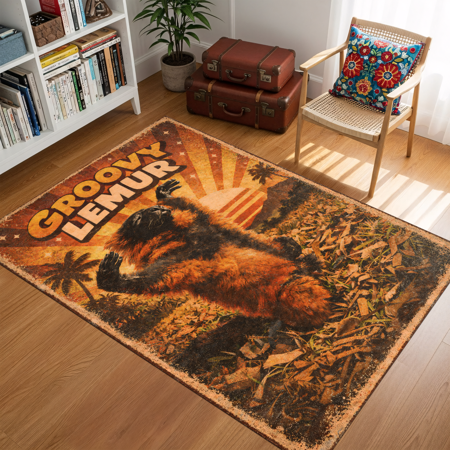 Groovy Lemur Retro Poster Tarzı Mizahi Hayvan Desenli Halı
