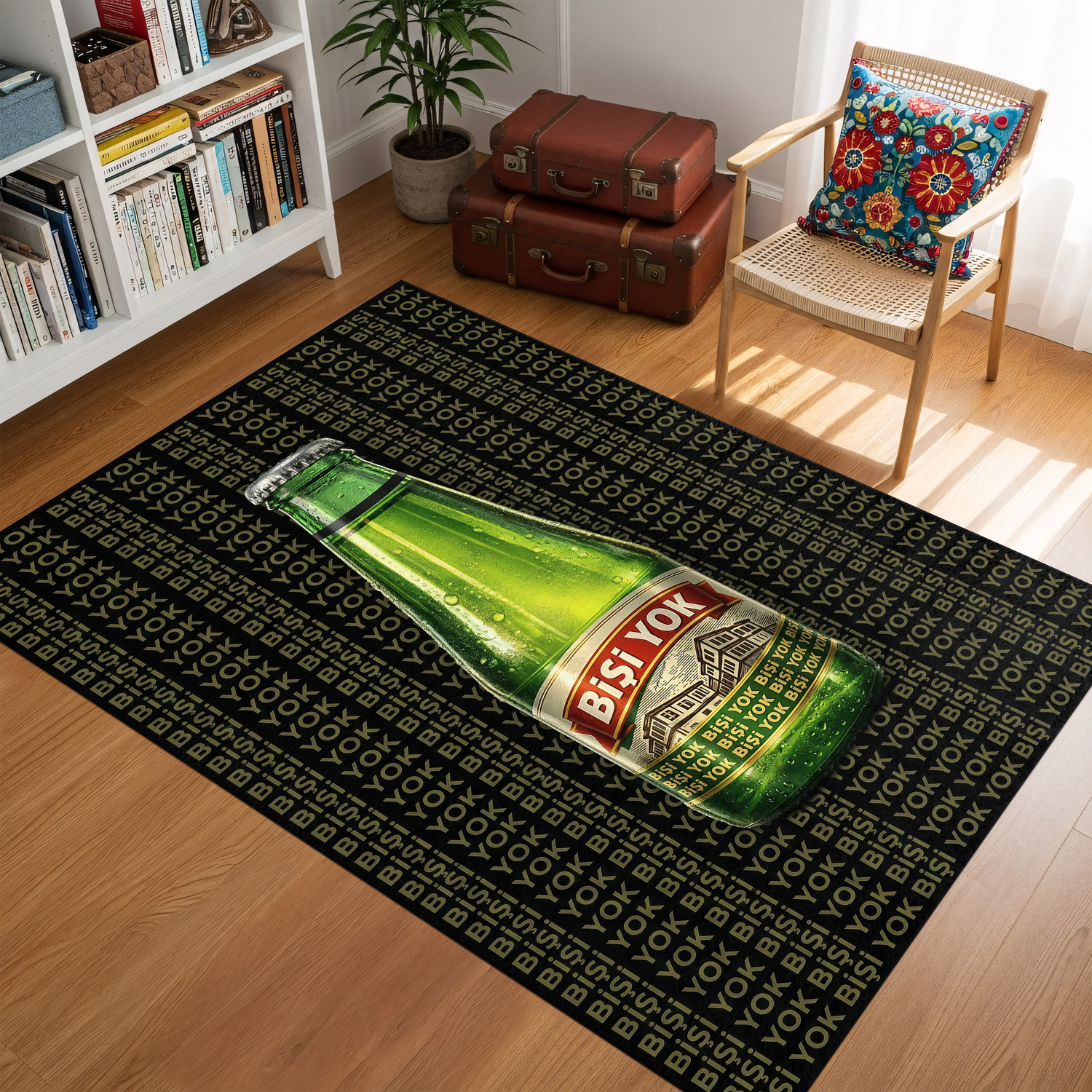 Bişi Yok Soda Şişesi Desenli Siyah Zeminli Mizahi Halı