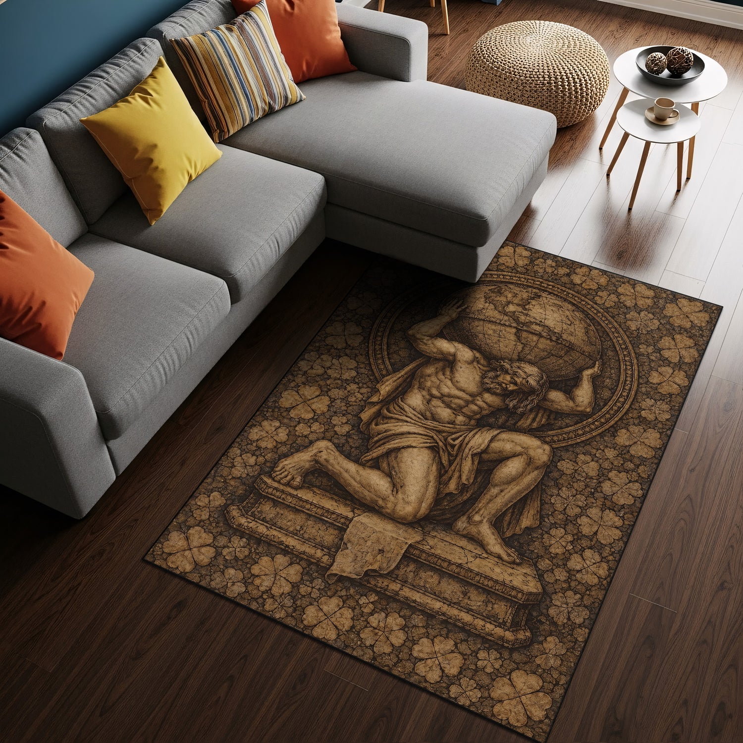 Atlas Figürlü Vintage Sanat Halısı │ Mitolojik Dekor