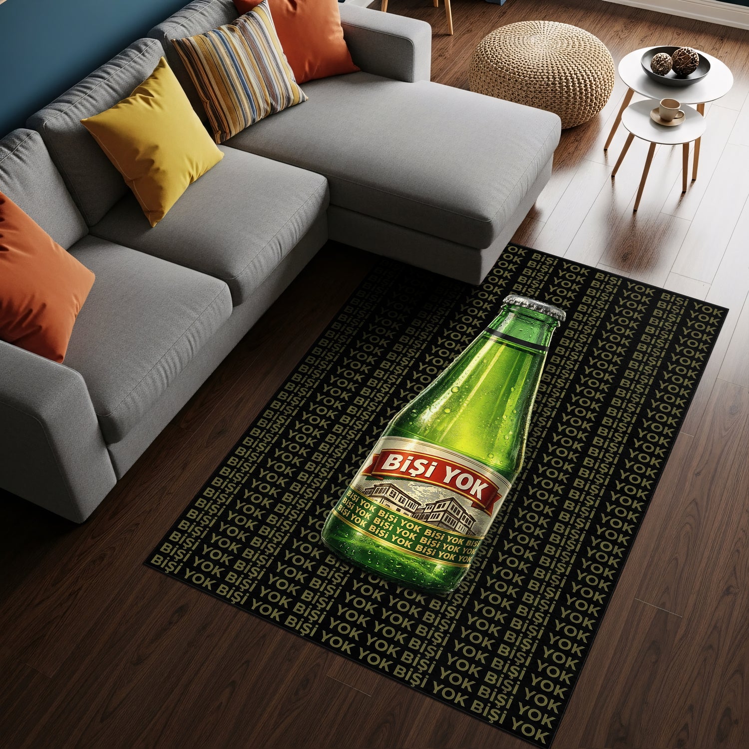 Bişi Yok Soda Şişesi Desenli Siyah Zeminli Mizahi Halı