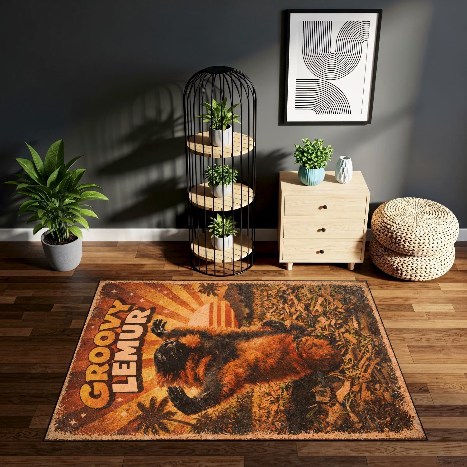Groovy Lemur Retro Poster Tarzı Mizahi Hayvan Desenli Halı