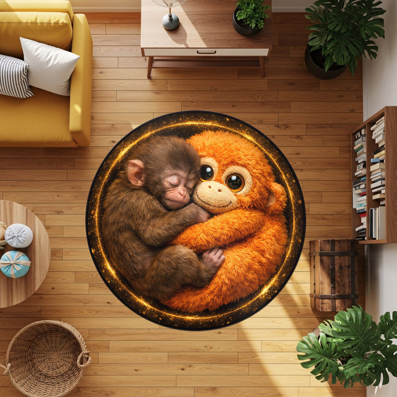 Maymun Punch ve Peluş Oyuncağı Desenli Maymun Desenli Yuvarlak Halı