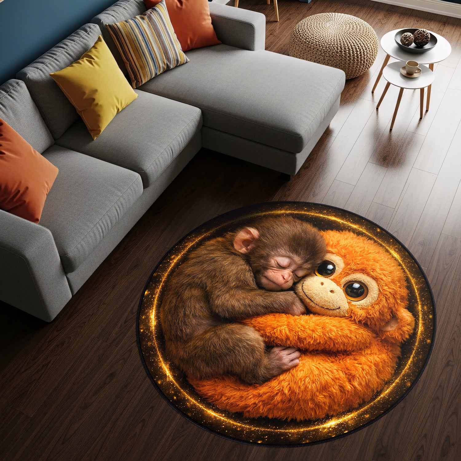 Maymun Punch ve Peluş Oyuncağı Desenli Maymun Desenli Yuvarlak Halı